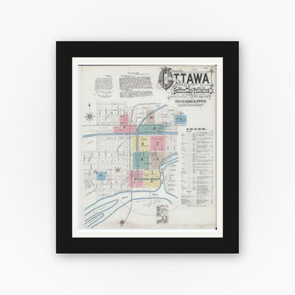 Old map wall art mockup — black gallery frame with white mat — Sanborn Fire Insurance Map from Ottawa, La Salle County, Illinois (1888), Sheet #0001