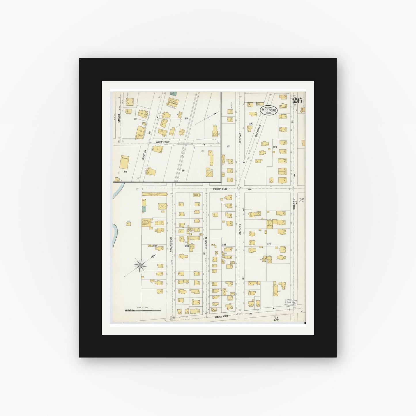 Old map wall art mockup — black gallery frame with white mat — Sanborn Fire Insurance Map from Medford, Middlesex County, Massachusetts (1903), Sheet #0026