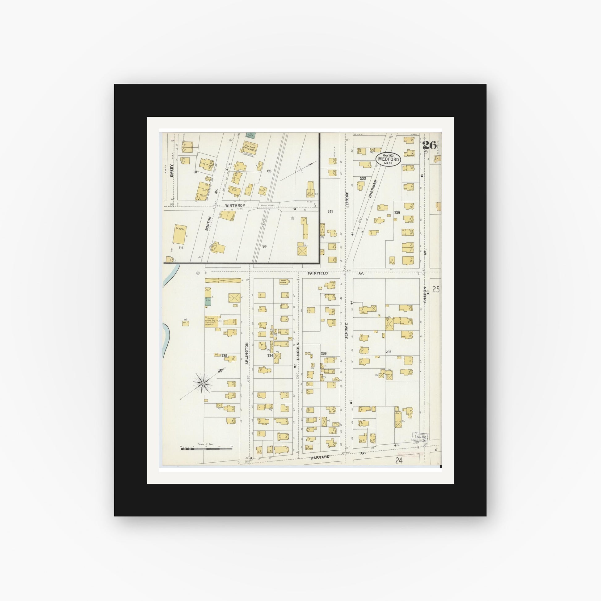 Old map wall art mockup — black gallery frame with white mat — Sanborn Fire Insurance Map from Medford, Middlesex County, Massachusetts (1903), Sheet #0026
