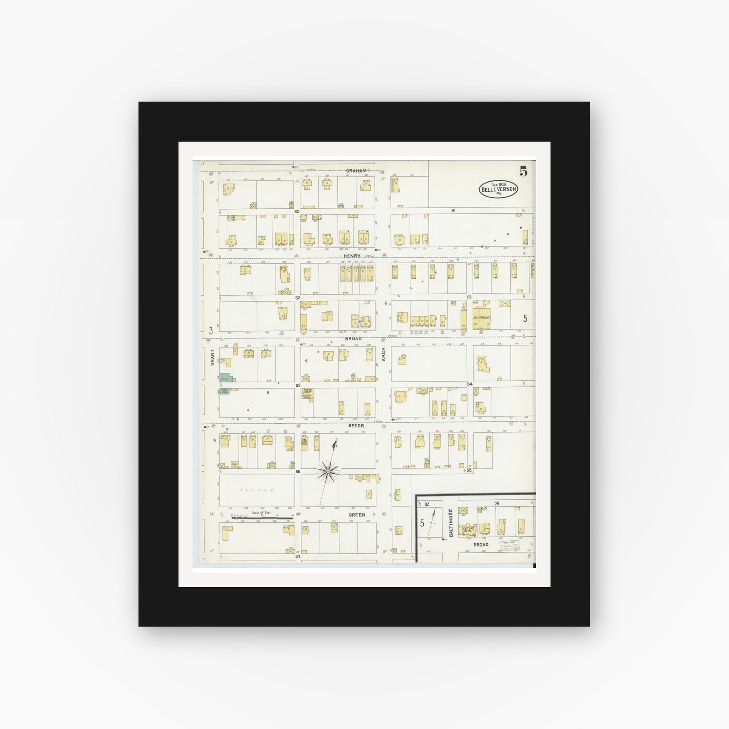Old map wall art mockup — black gallery frame with white mat — Sanborn Fire Insurance Map from Belle Vernon, Fayette County, Pennsylvania (1905), Sheet #0005