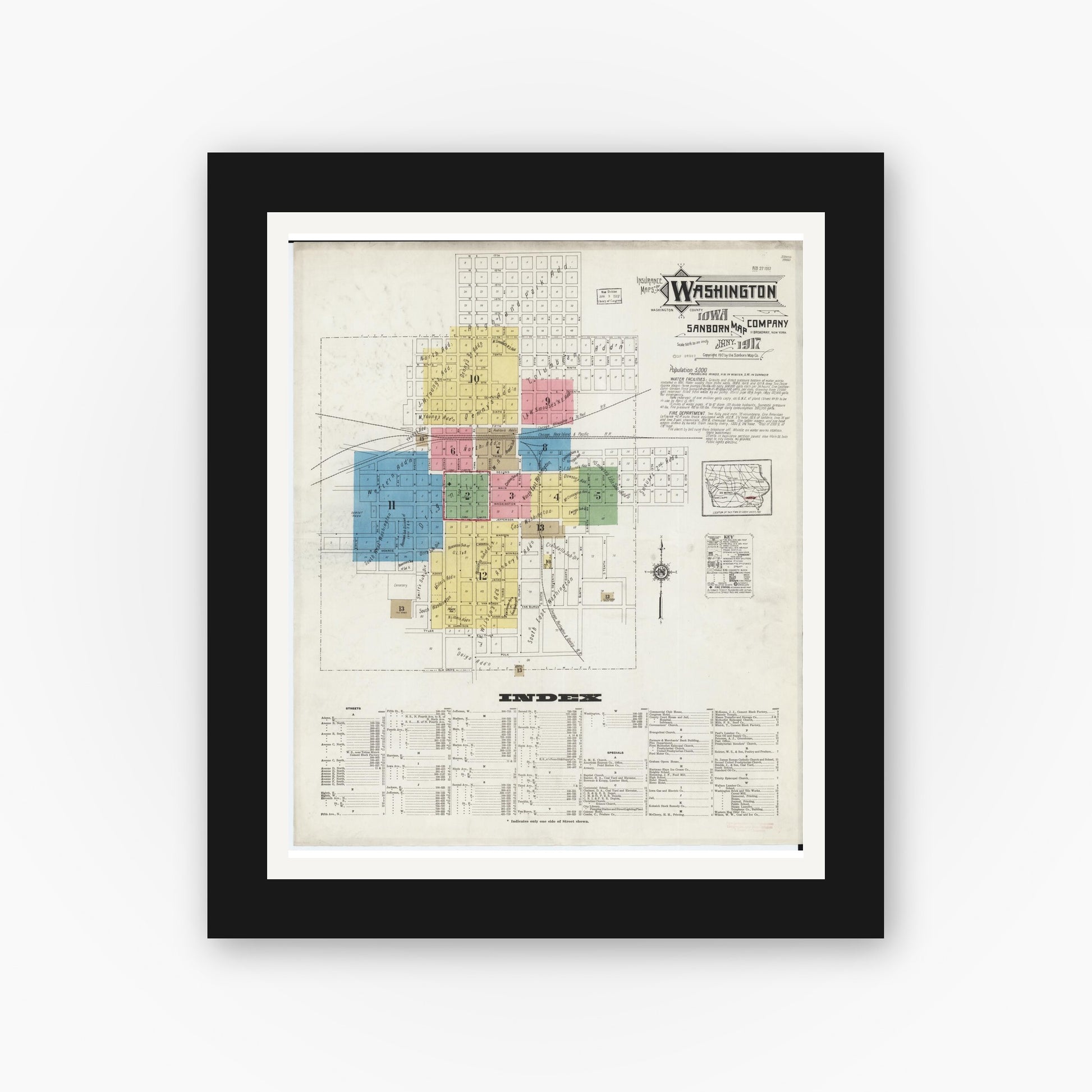 Old map wall art mockup — black gallery frame with white mat — Sanborn Fire Insurance Map from Washington, Washington County, Iowa (1917), Sheet #0001