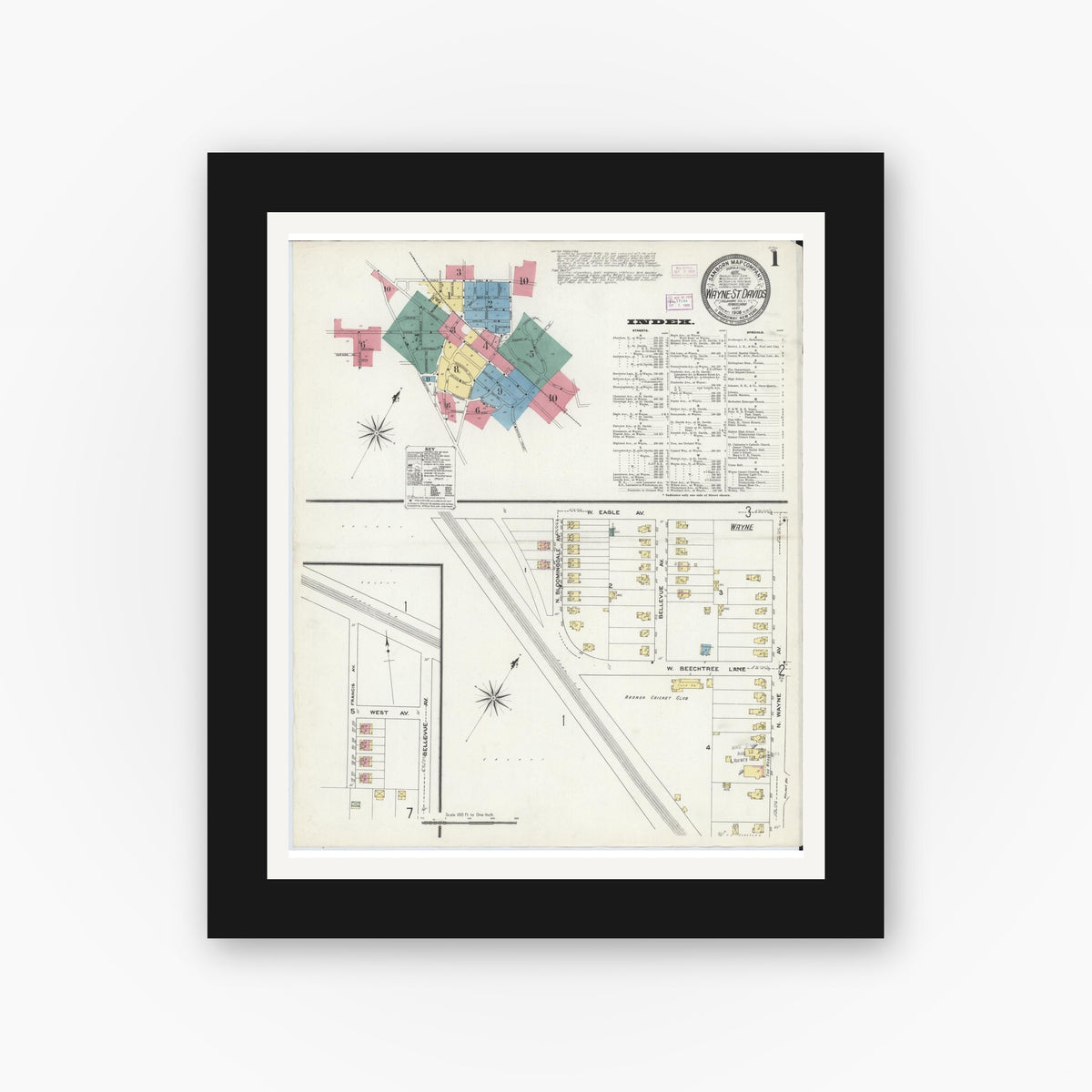 Old map wall art mockup — black gallery frame with white mat — Sanborn Fire Insurance Map from Wayne, Delaware County, Pennsylvania (1909) - Complete Map Set
