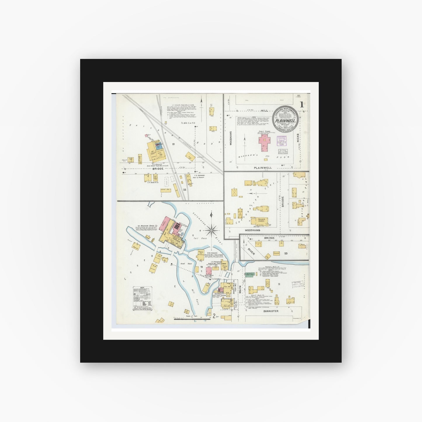 Old map wall art mockup — black gallery frame with white mat — Sanborn Fire Insurance Map from Plainwell, Allegan County, Michigan (1904) - Complete Map Set