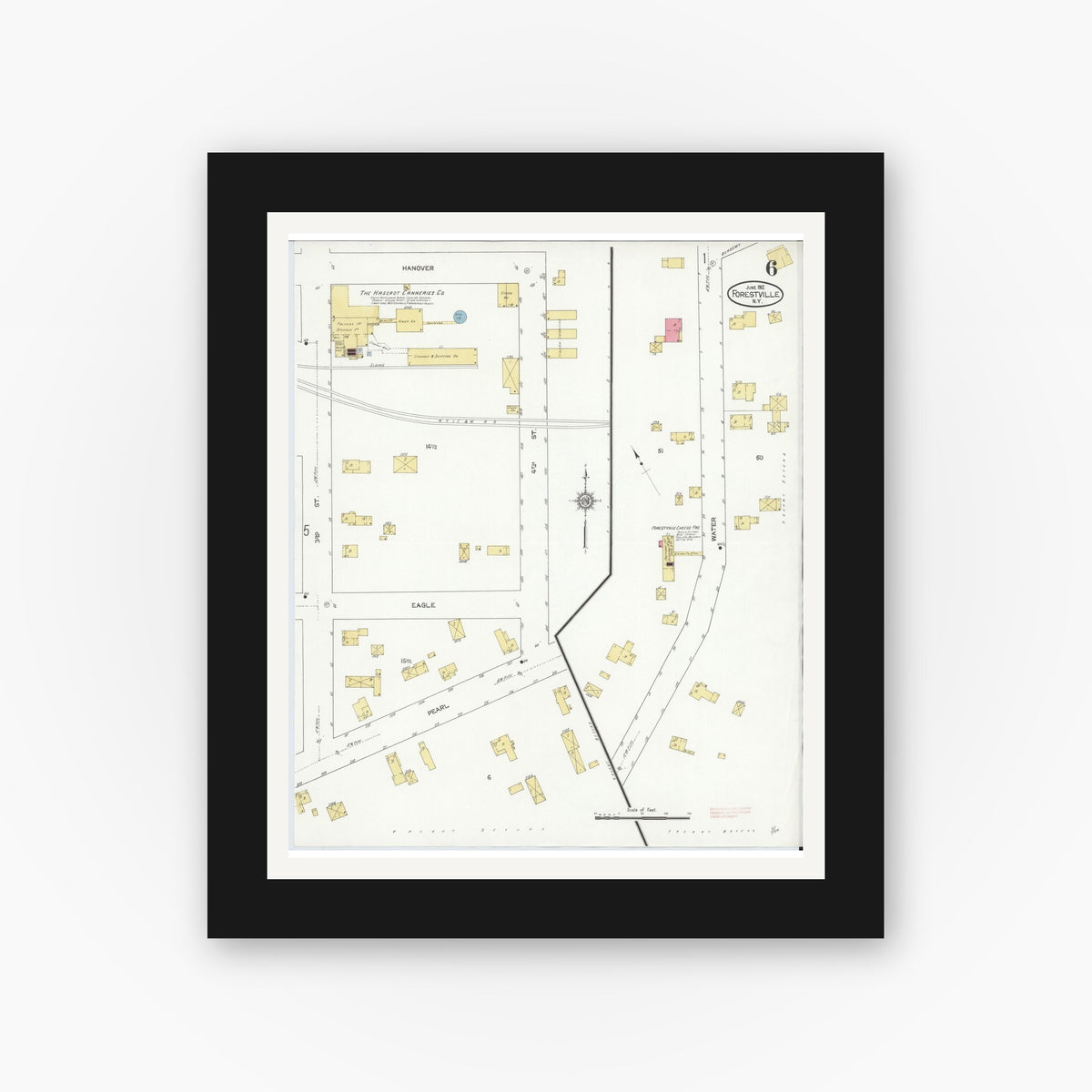 Old map wall art mockup — black gallery frame with white mat — Sanborn Fire Insurance Map from Forestville, Chautauqua County, New York (1912), Sheet #0006