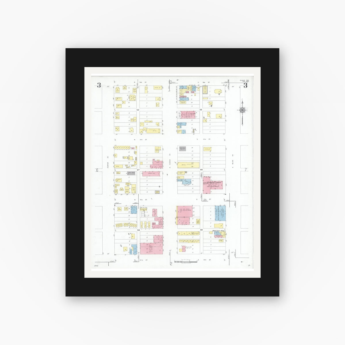 Old map wall art mockup — black gallery frame with white mat — Sanborn Fire Insurance Map from Dumas, Moore County, Texas (1950), Sheet #0003