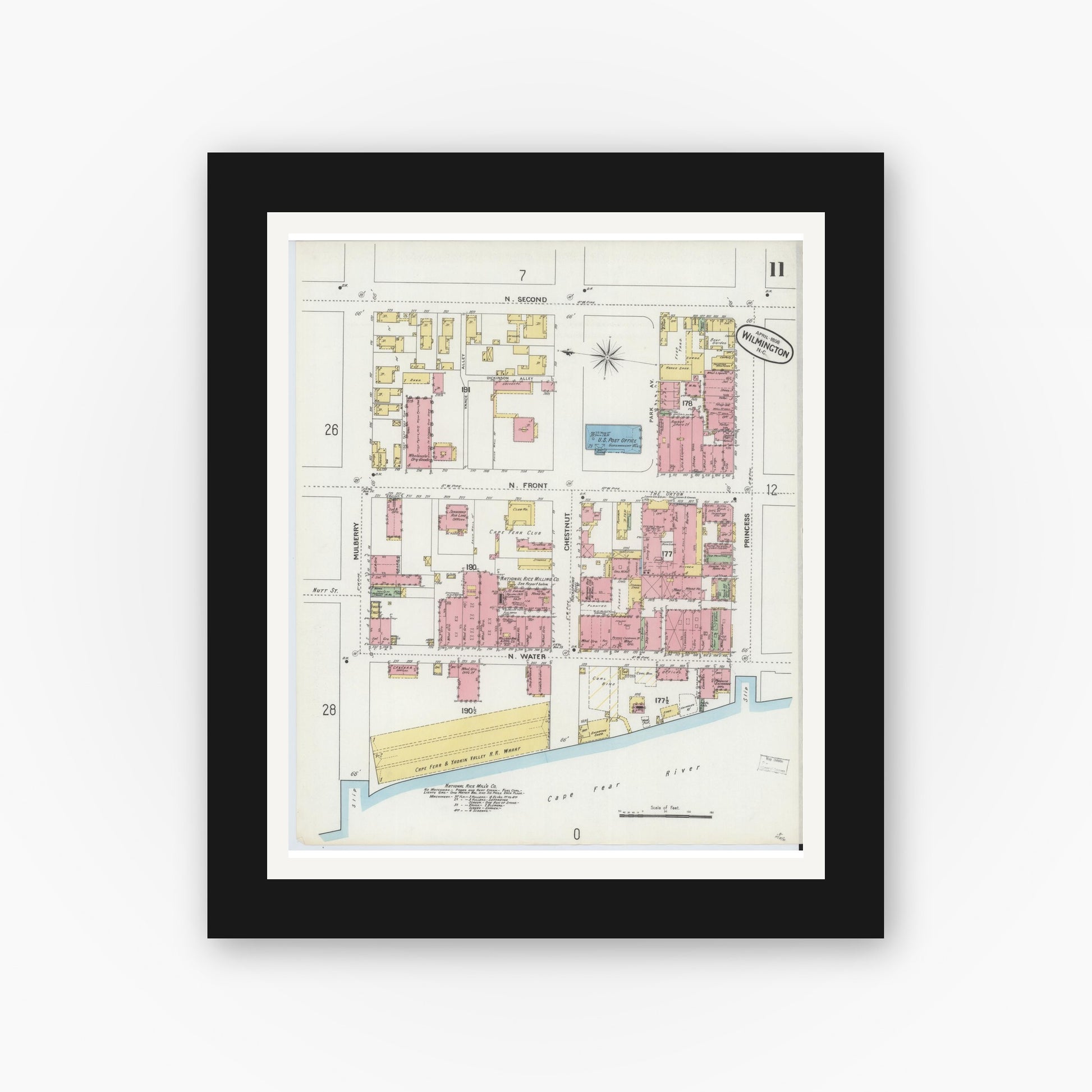 Old map wall art mockup — black gallery frame with white mat — Sanborn Fire Insurance Map from Wilmington, New Hanover County, North Carolina (1898), Sheet #0011