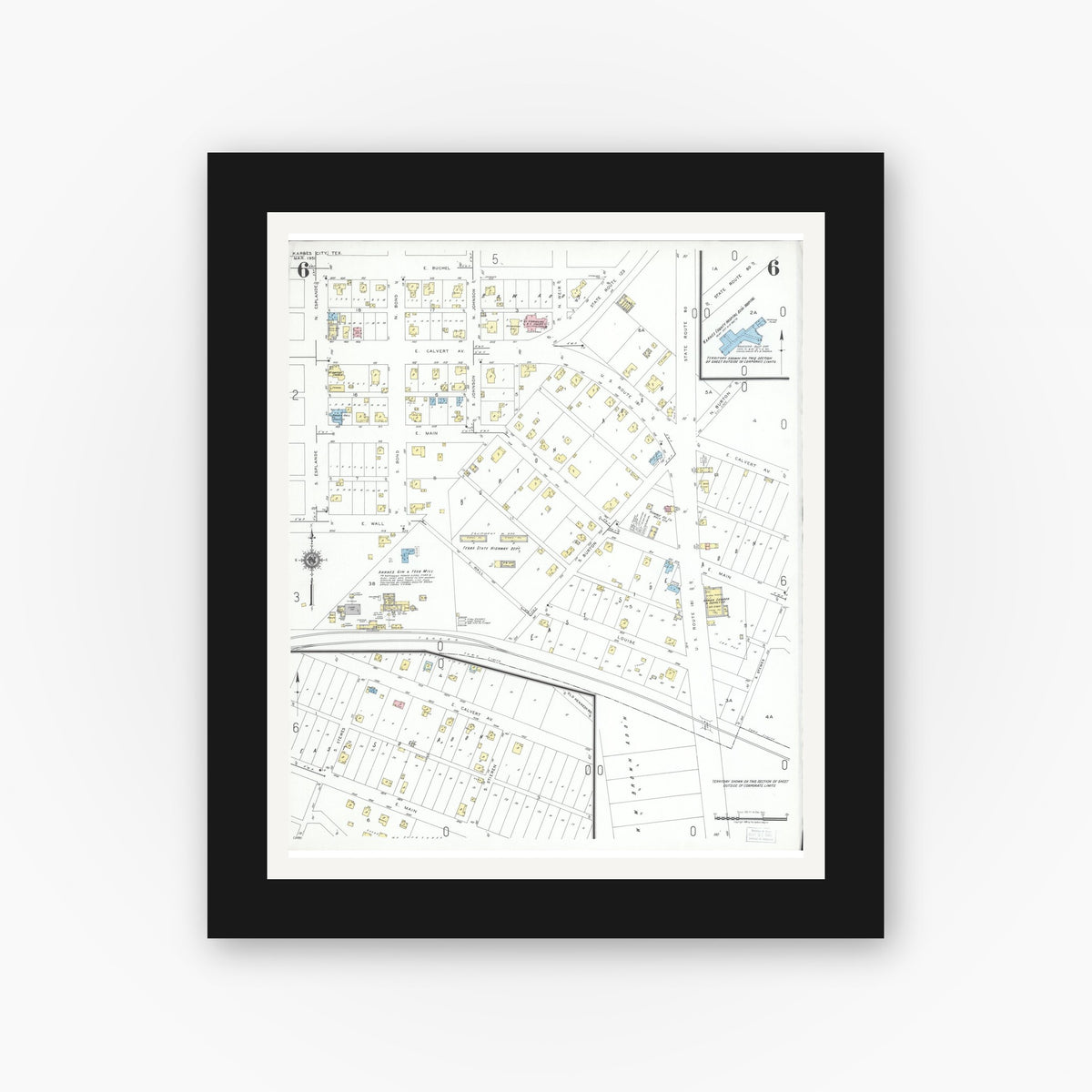 Old map wall art mockup — black gallery frame with white mat — Sanborn Fire Insurance Map from Karnes City, Karnes County, Texas (1951), Sheet #0006