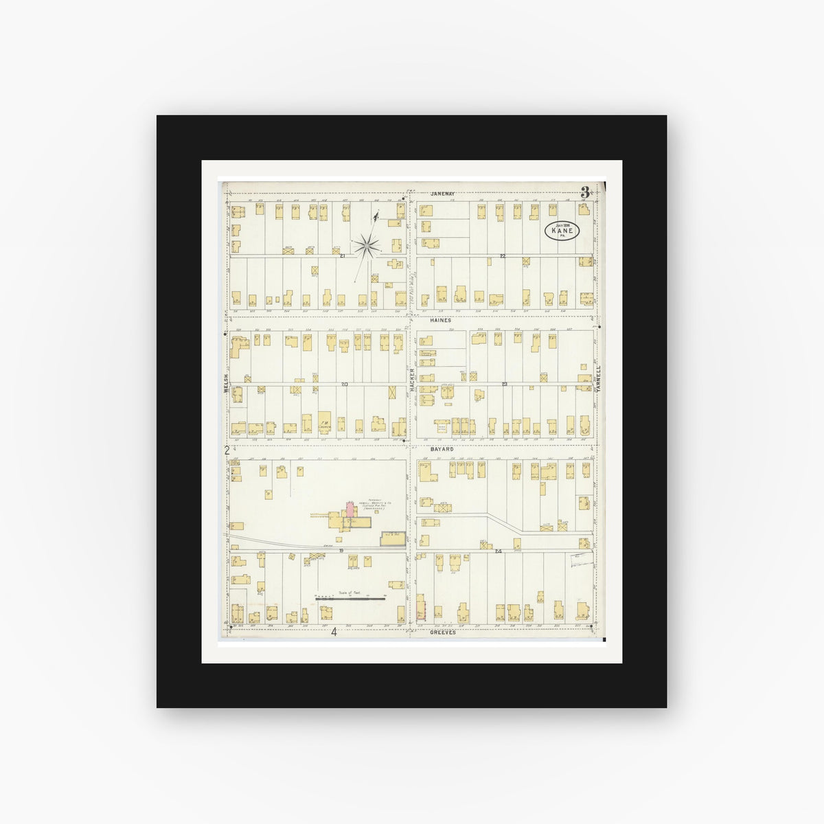 Old map wall art mockup — black gallery frame with white mat — Sanborn Fire Insurance Map from Kane, McKean County, Pennsylvania (1898), Sheet #0003