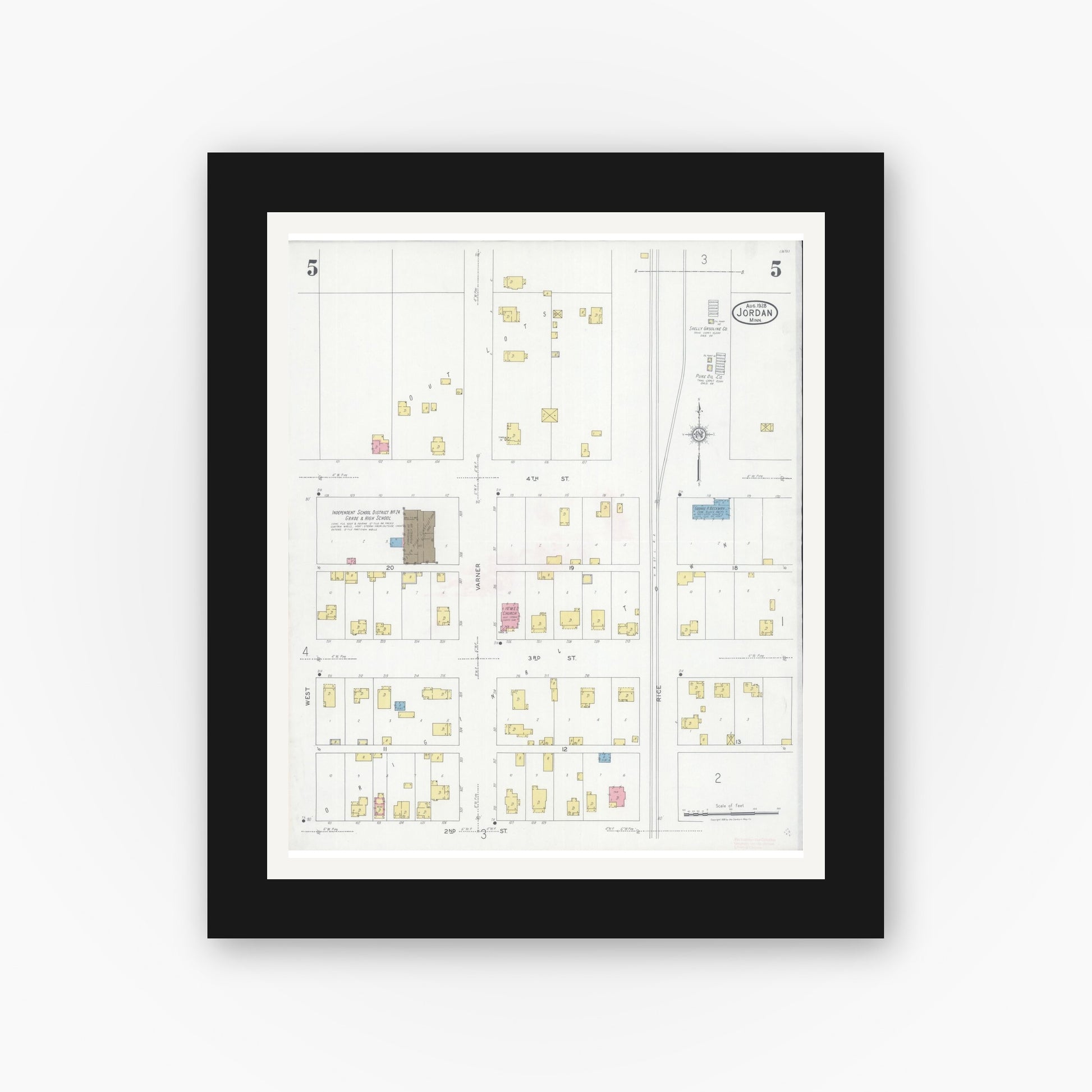 Old map wall art mockup — black gallery frame with white mat — Sanborn Fire Insurance Map from Jordan, Scott County, Minnesota (1928), Sheet #0005