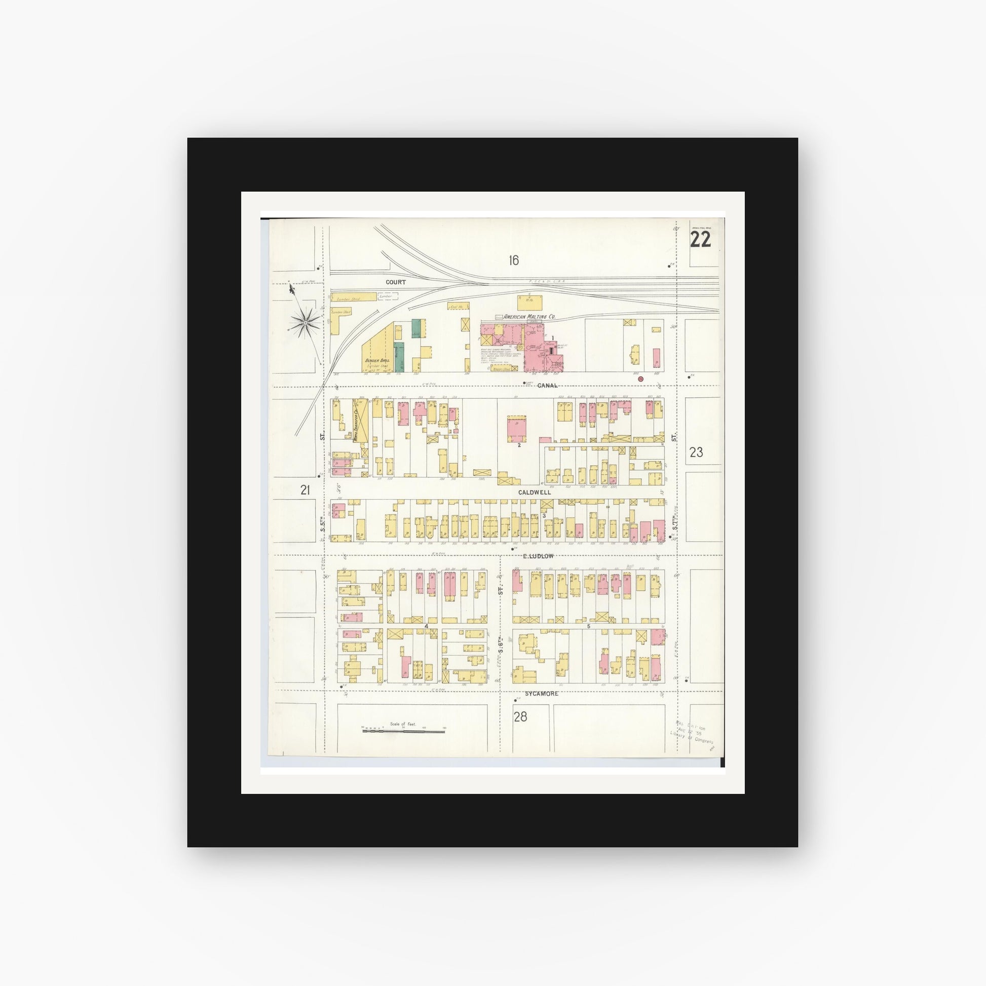 Old map wall art mockup — black gallery frame with white mat — Sanborn Fire Insurance Map from Hamilton, Butler County, Ohio (1899), Sheet #0022