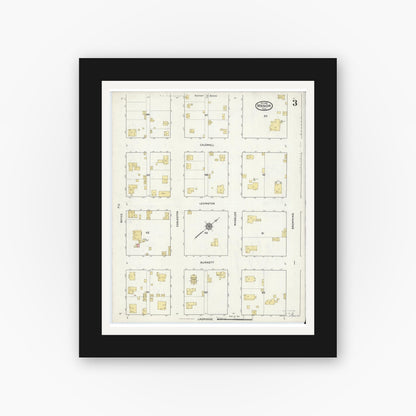 Old map wall art mockup — black gallery frame with white mat — Sanborn Fire Insurance Map from Manor, Travis County, Texas (1916), Sheet #0003