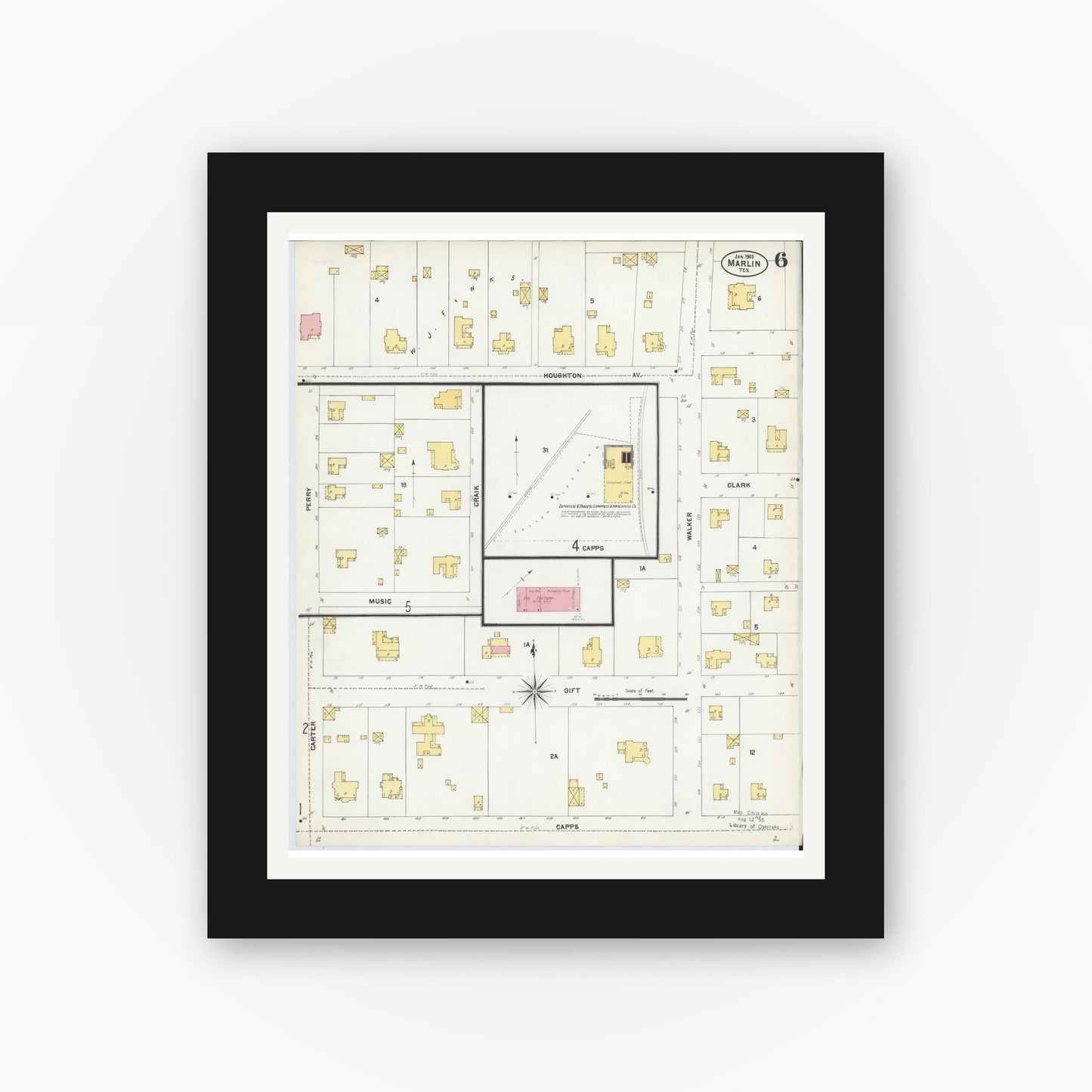 Old map wall art mockup — black gallery frame with white mat — Sanborn Fire Insurance Map from Marlin, Falls County, Texas (1903), Sheet #0006