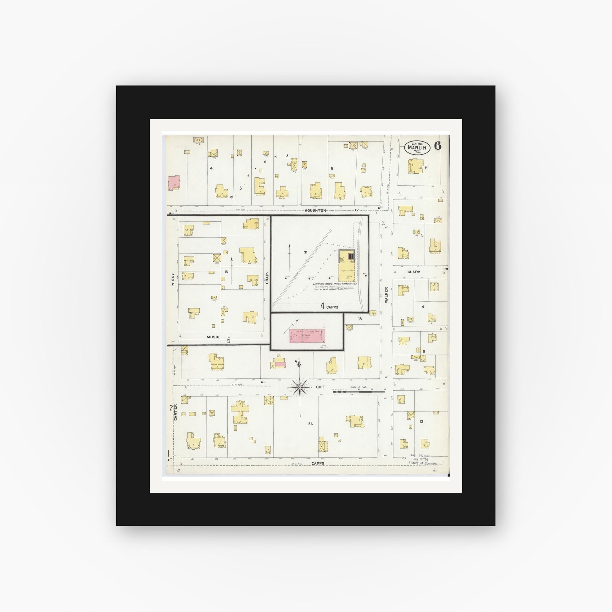 Old map wall art mockup — black gallery frame with white mat — Sanborn Fire Insurance Map from Marlin, Falls County, Texas (1903), Sheet #0006