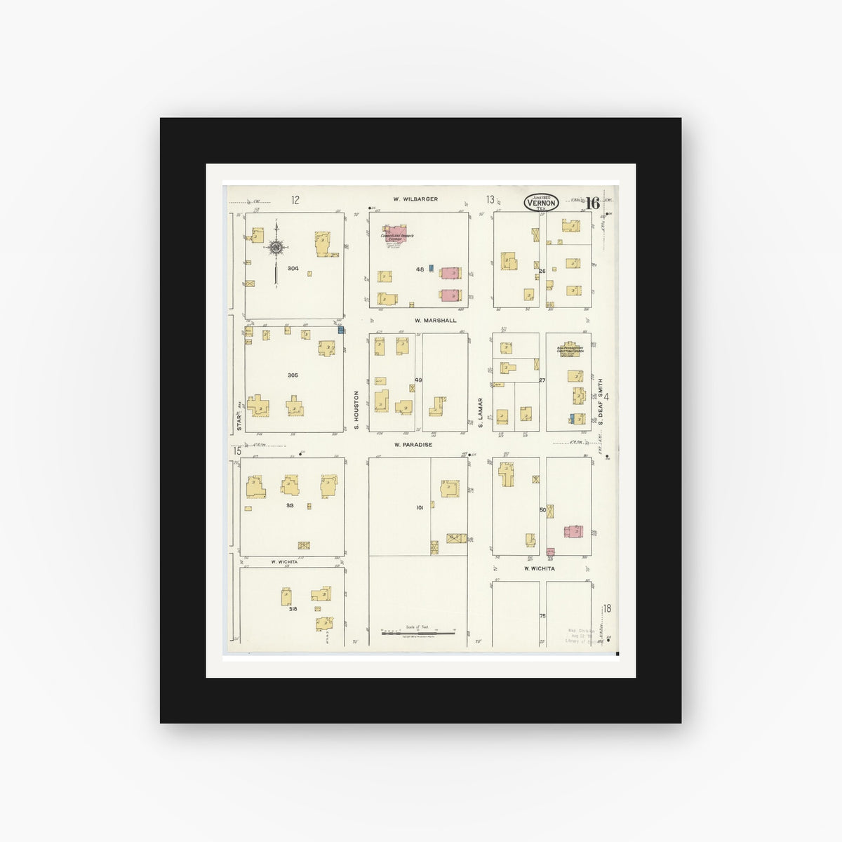 Old map wall art mockup — black gallery frame with white mat — Sanborn Fire Insurance Map from Vernon, Wilbarger County, Texas (1920), Sheet #0016