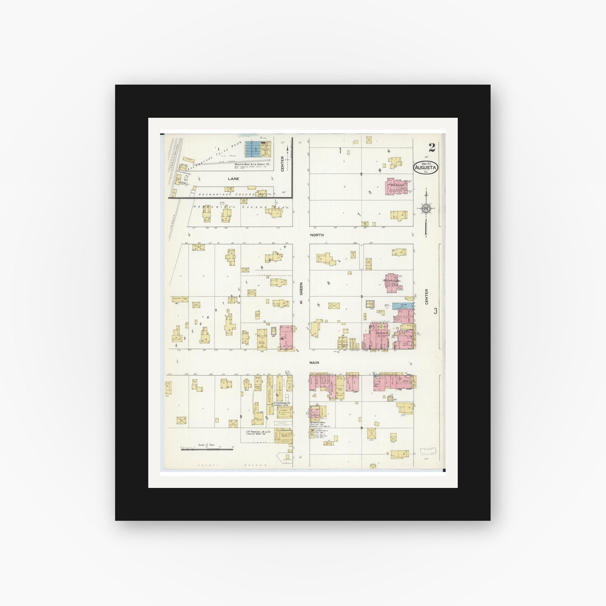 Old map wall art mockup — black gallery frame with white mat — Sanborn Fire Insurance Map from Augusta, Hancock County, Illinois (1912), Sheet #0002