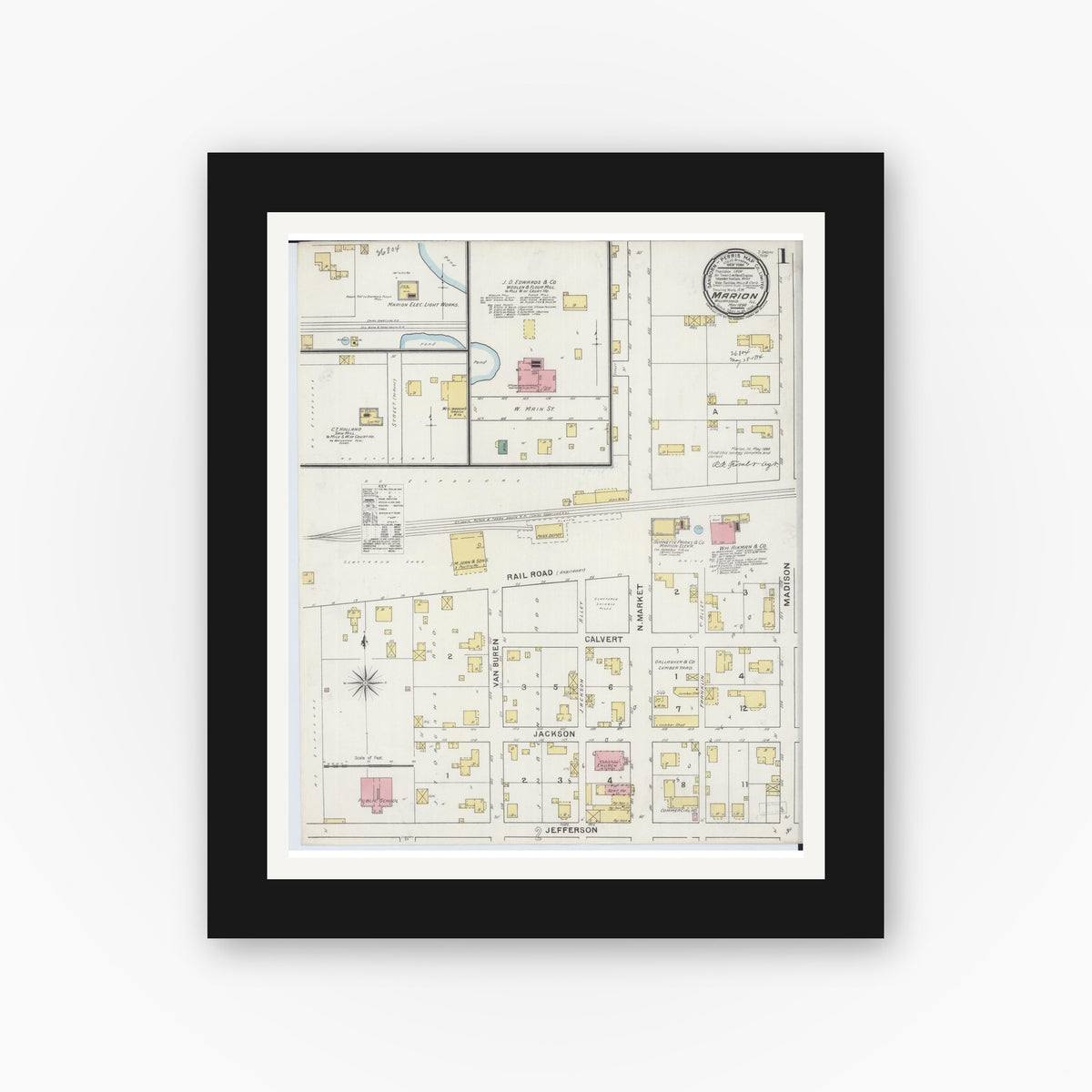 Old map wall art mockup — black gallery frame with white mat — Sanborn Fire Insurance Map from Marion, Williamson County, Illinois (1894) - Complete Map Set