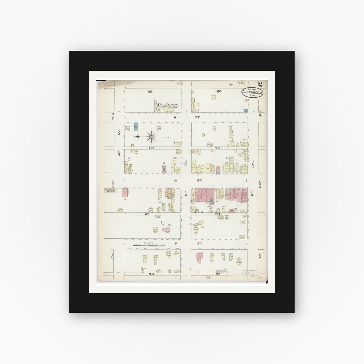 Old map wall art mockup — black gallery frame with white mat — Sanborn Fire Insurance Map from Alexandria, Douglas County, Minnesota (1885), Sheet #0002