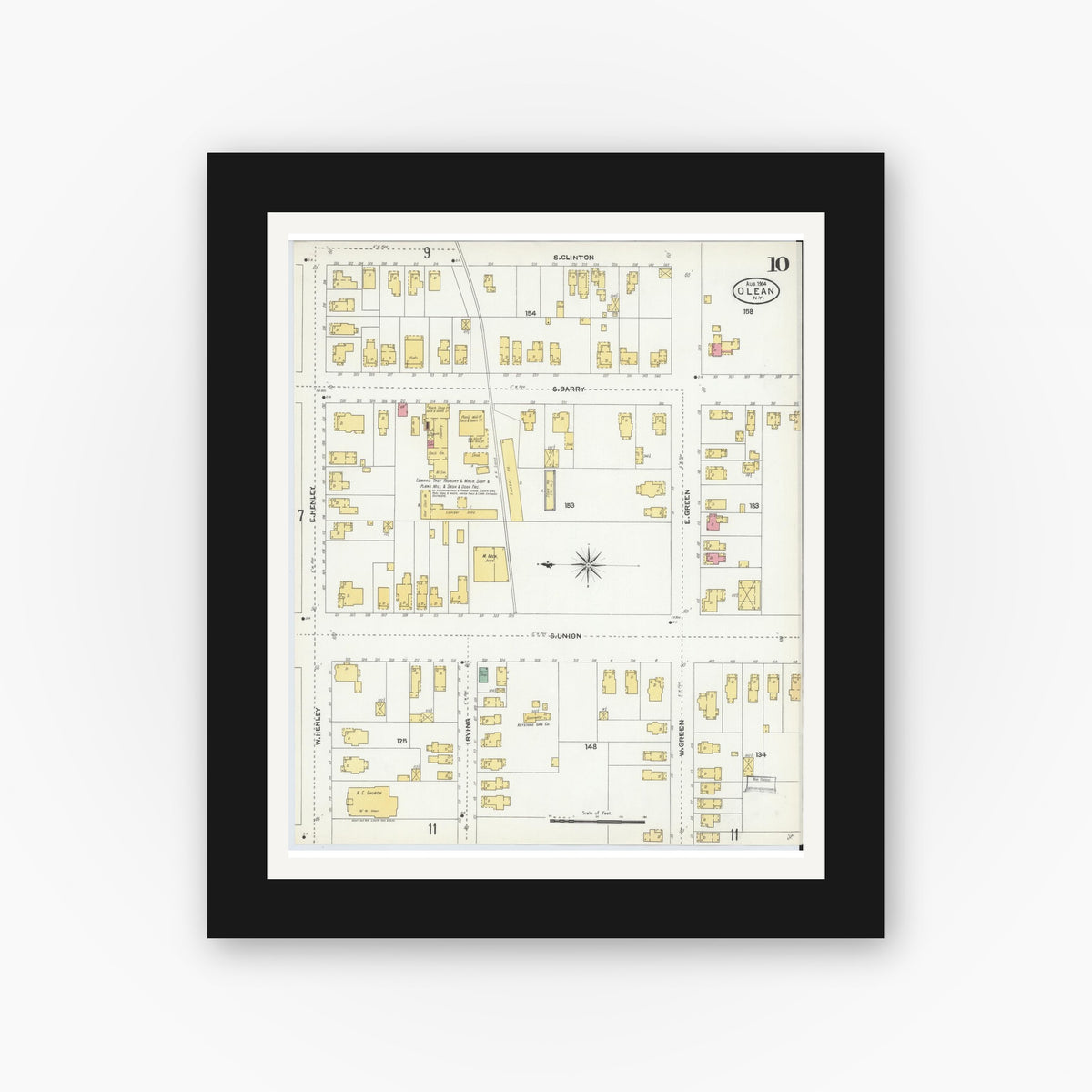 Old map wall art mockup — black gallery frame with white mat — Sanborn Fire Insurance Map from Olean, Cattaraugus County, New York (1904), Sheet #0010