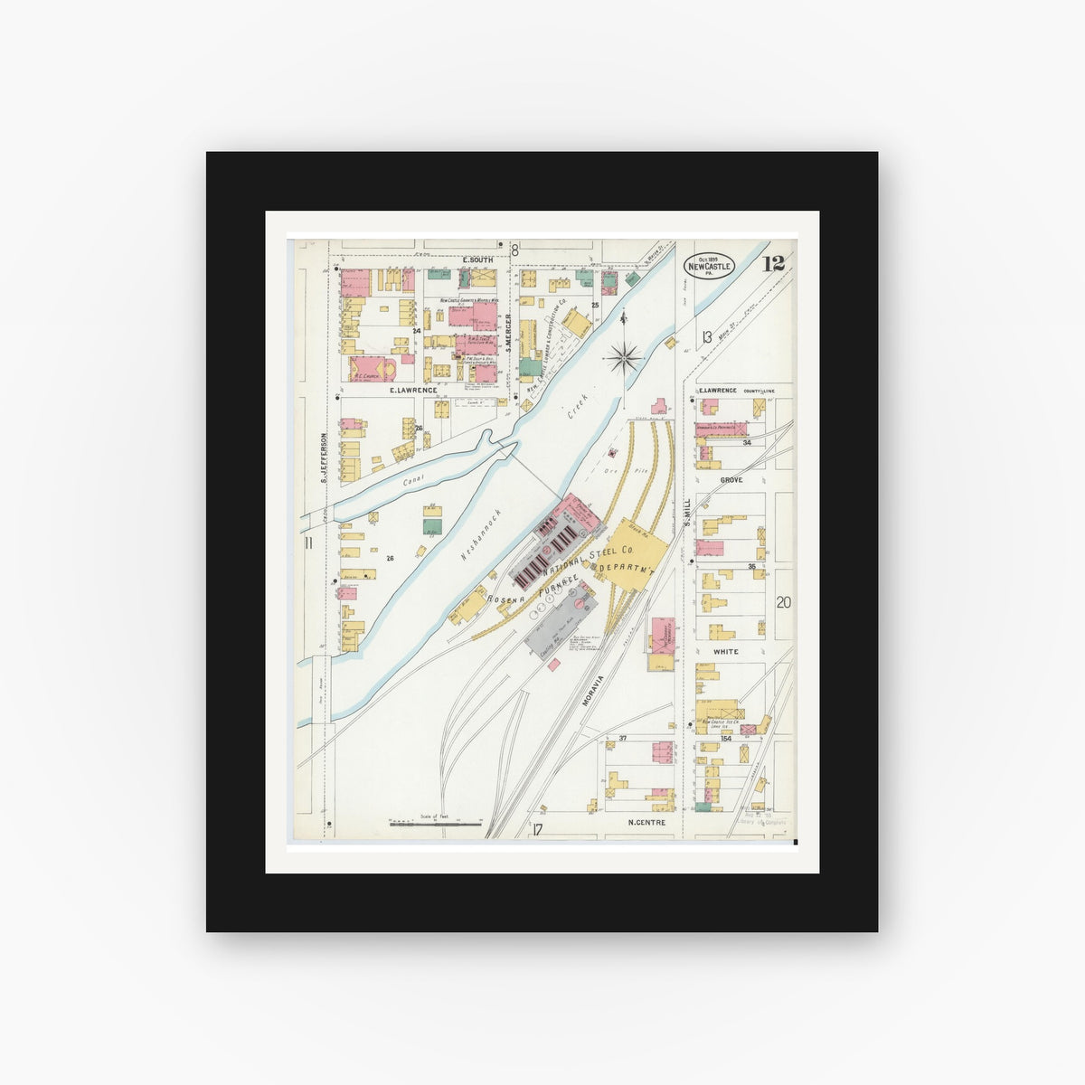 Old map wall art mockup — black gallery frame with white mat — Sanborn Fire Insurance Map from New Castle, Lawrence County, Pennsylvania (1899), Sheet #0012