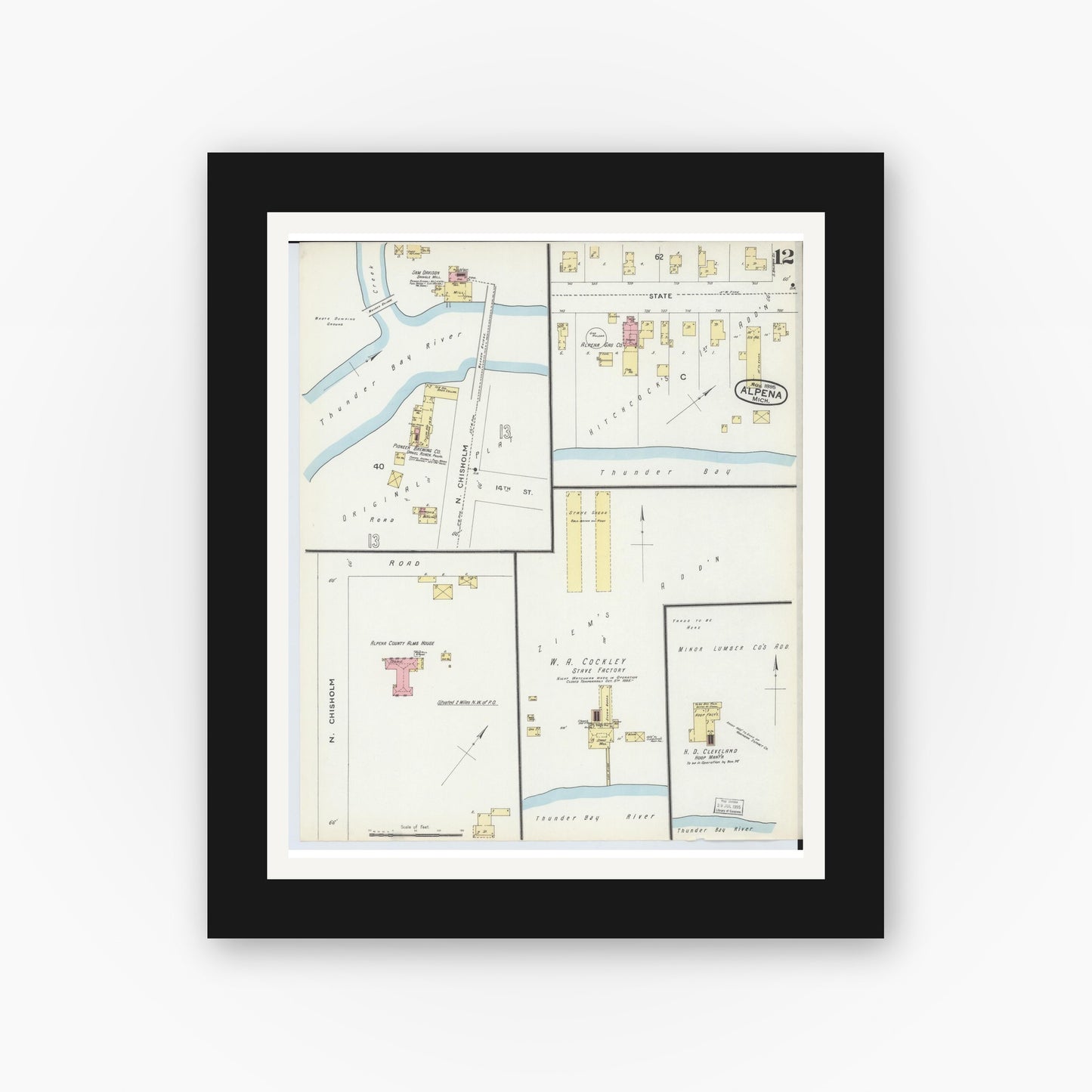 Old map wall art mockup — black gallery frame with white mat — Sanborn Fire Insurance Map from Alpena, Alpena County, Michigan (1895), Sheet #0012