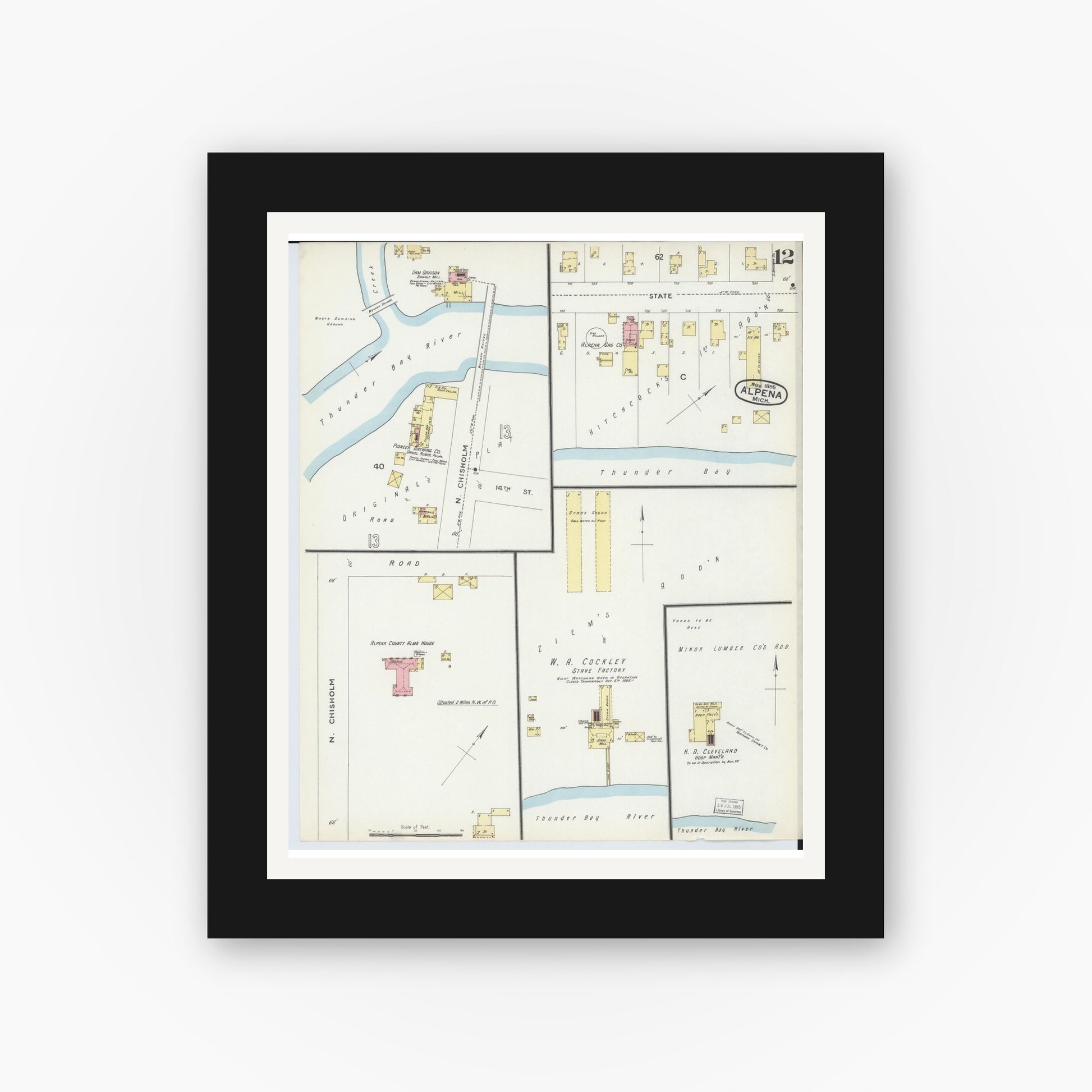 Old map wall art mockup — black gallery frame with white mat — Sanborn Fire Insurance Map from Alpena, Alpena County, Michigan (1895), Sheet #0012