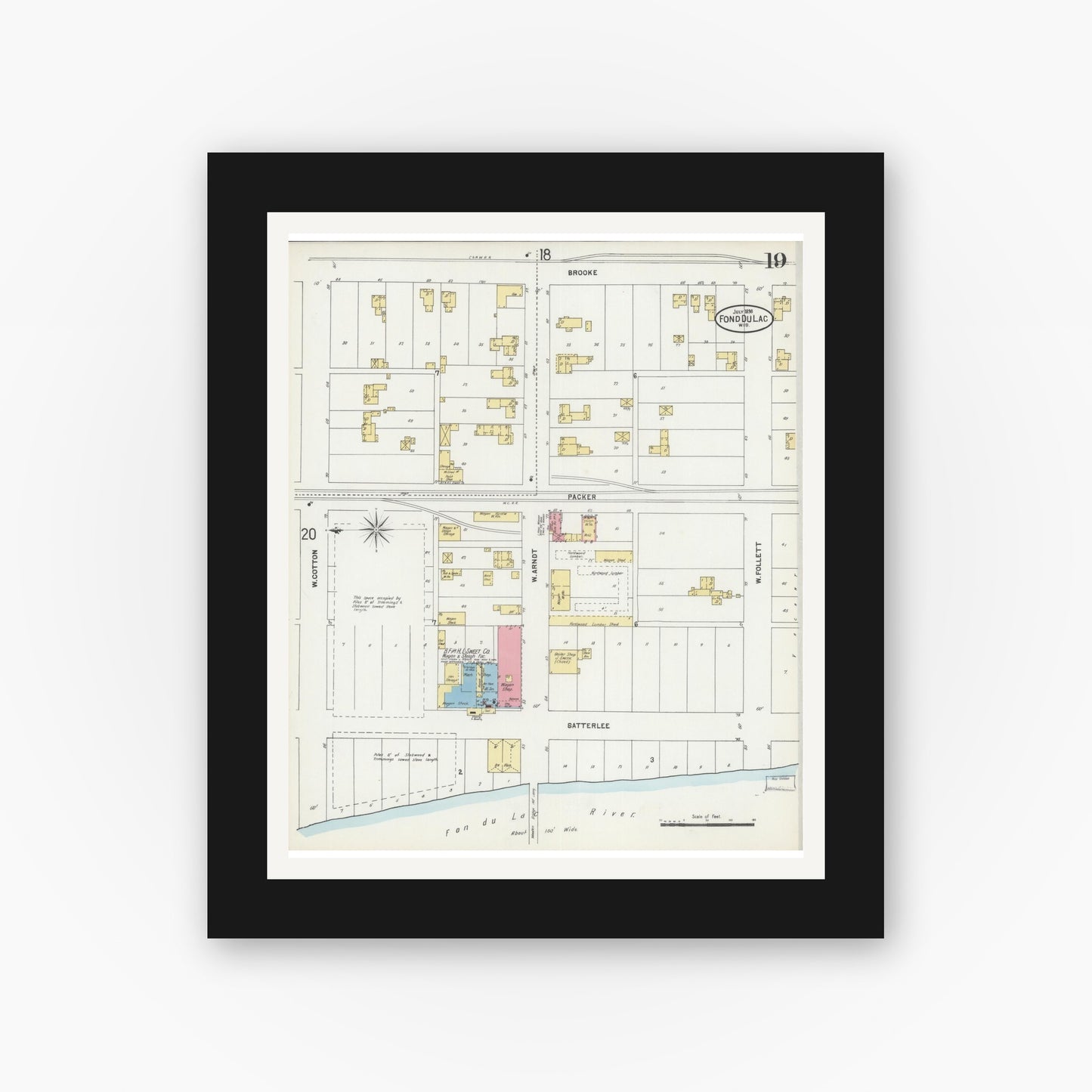 Old map wall art mockup — black gallery frame with white mat — Sanborn Fire Insurance Map from Fond du Lac, Fond du Lac County, Wisconsin (1898), Sheet #0019
