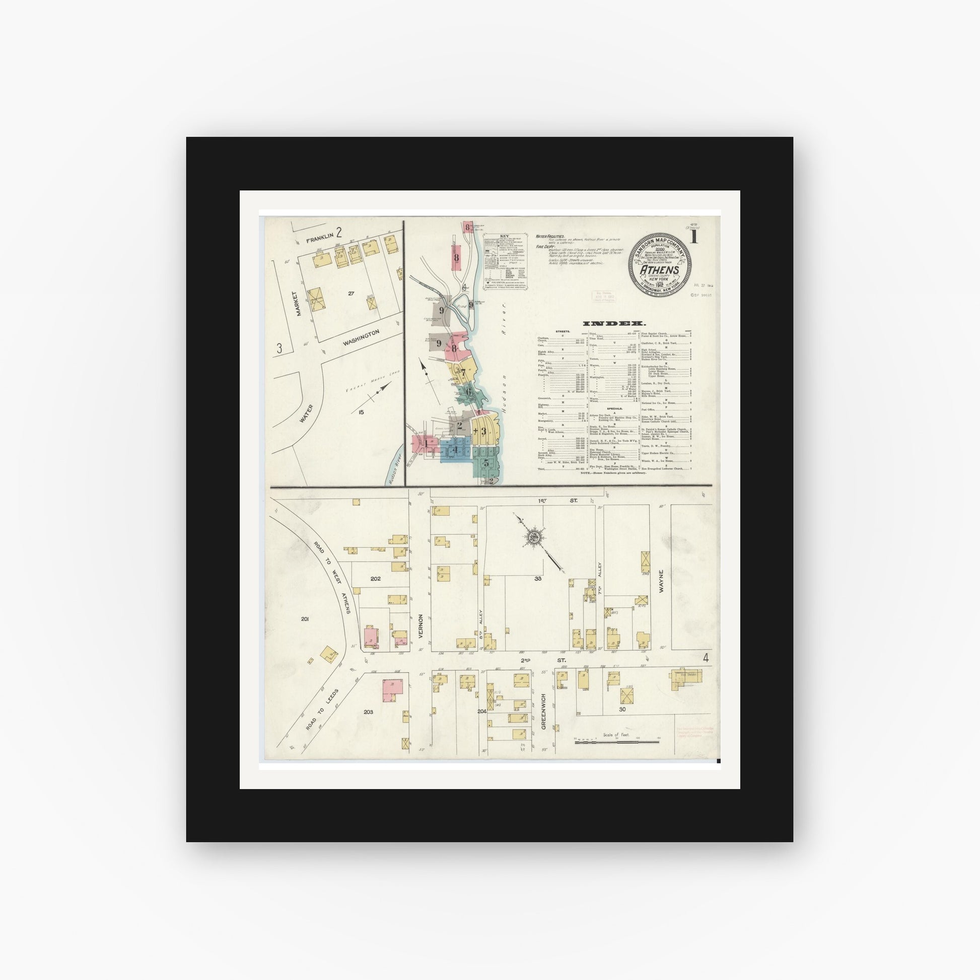 Old map wall art mockup — black gallery frame with white mat — Sanborn Fire Insurance Map from Athens, Greene County, New York (1912), Sheet #0001
