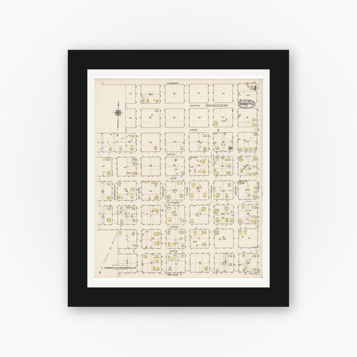 Old map wall art mockup — black gallery frame with white mat — Sanborn Fire Insurance Map from Henrietta, Clay County, Texas (1922), Sheet #0004