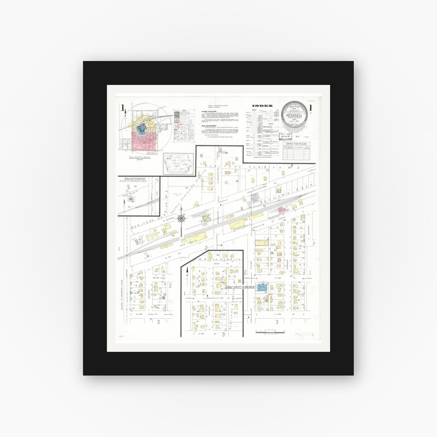 Old map wall art mockup — black gallery frame with white mat — Sanborn Fire Insurance Map from Remsen, Plymouth County, Iowa (1941), Sheet #0001