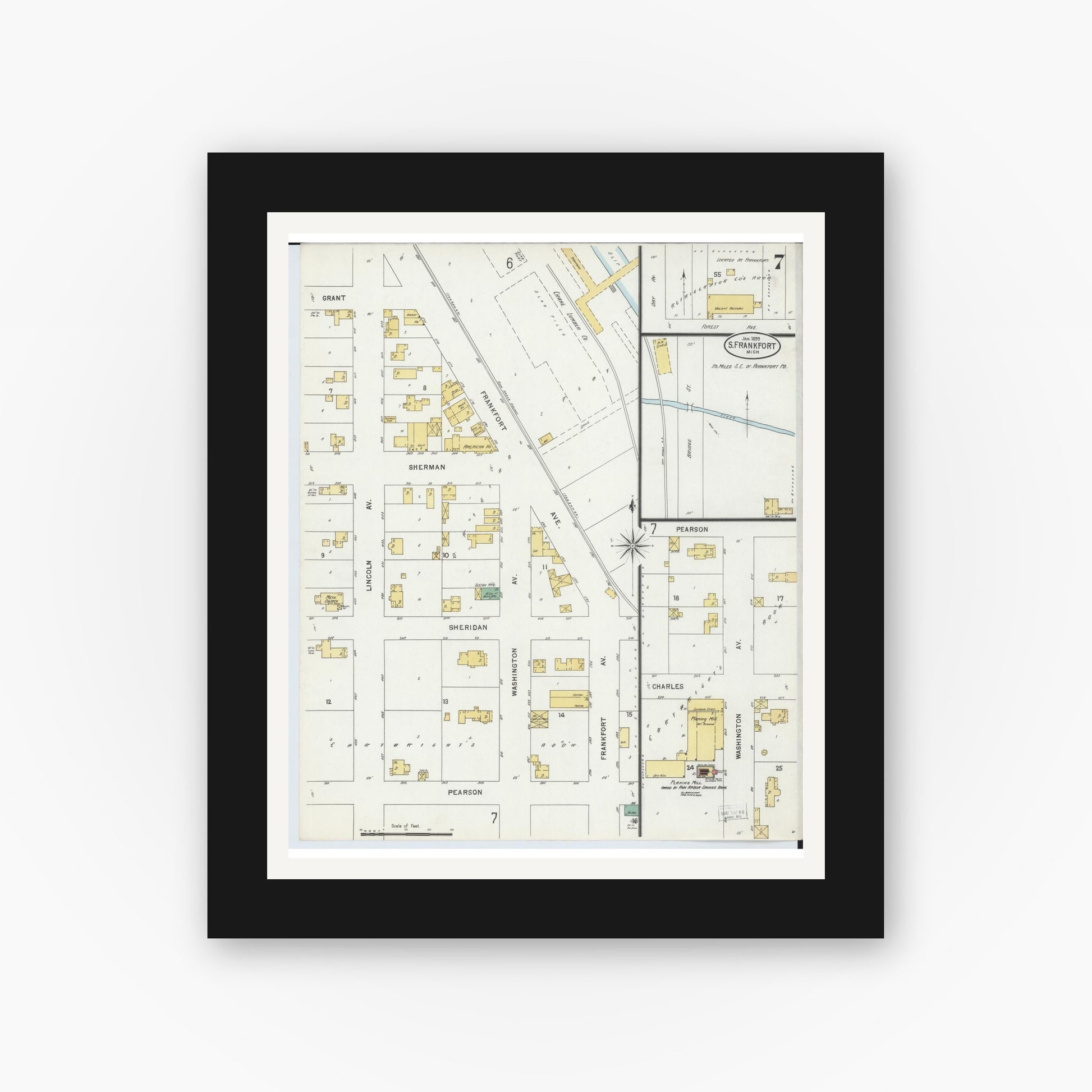 Old map wall art mockup — black gallery frame with white mat — Sanborn Fire Insurance Map from Frankfort, Benzie County, Michigan (1899), Sheet #0007