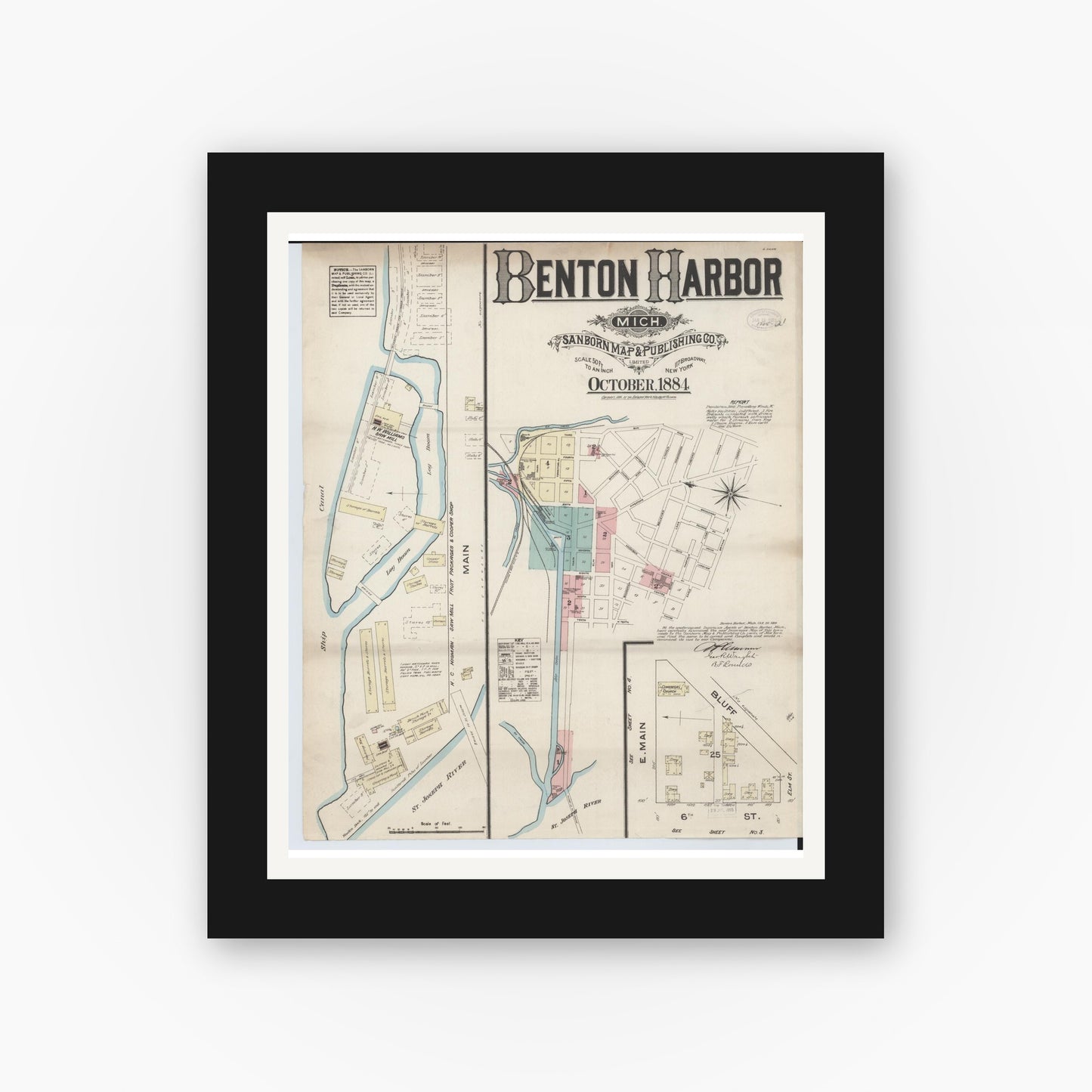 Old map wall art mockup — black gallery frame with white mat — Sanborn Fire Insurance Map from Benton Harbor, Berrien County, Michigan (1884), Sheet #0001