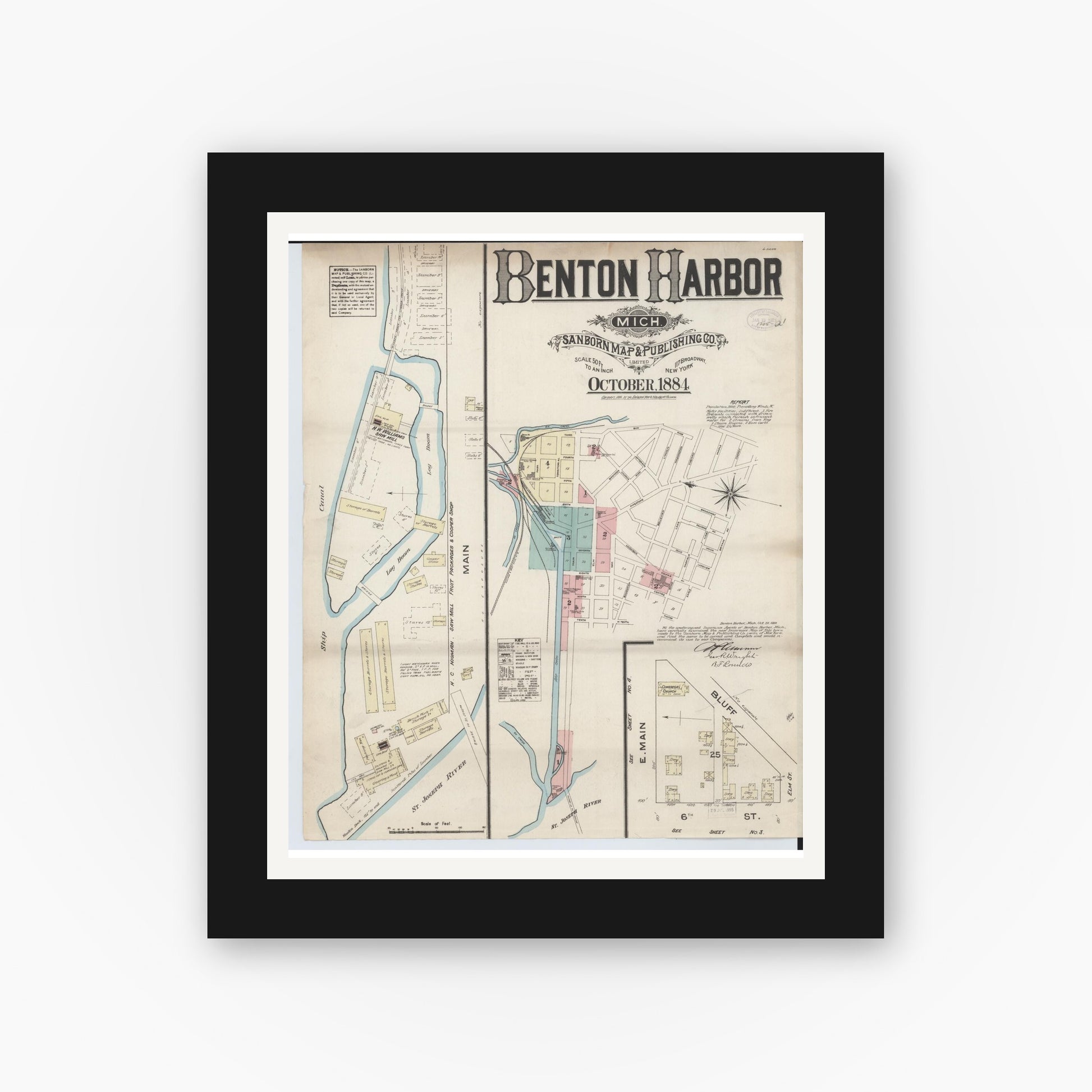 Old map wall art mockup — black gallery frame with white mat — Sanborn Fire Insurance Map from Benton Harbor, Berrien County, Michigan (1884), Sheet #0001