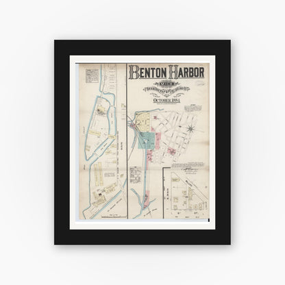 Old map wall art mockup — black gallery frame with white mat — Sanborn Fire Insurance Map from Benton Harbor, Berrien County, Michigan (1884), Sheet #0001