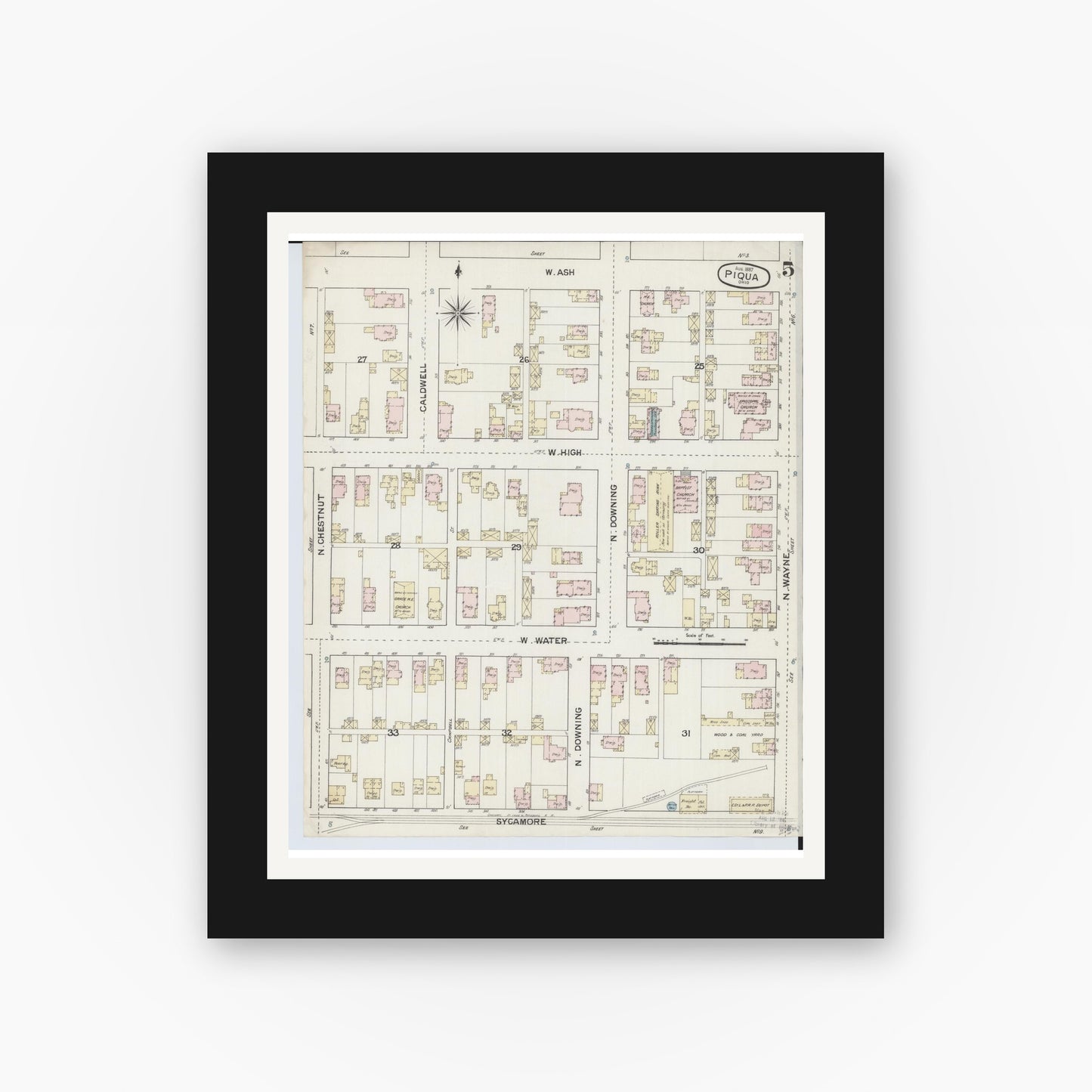 Old map wall art mockup — black gallery frame with white mat — Sanborn Fire Insurance Map from Piqua, Miami County, Ohio (1887), Sheet #0005