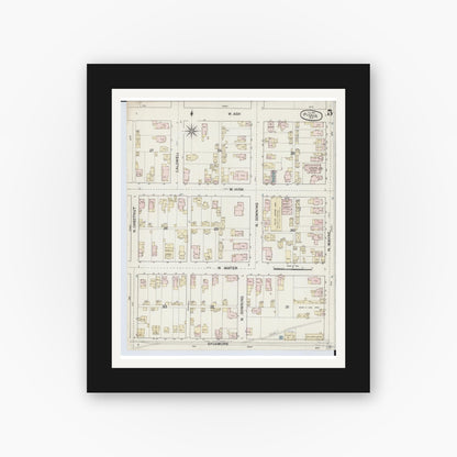 Old map wall art mockup — black gallery frame with white mat — Sanborn Fire Insurance Map from Piqua, Miami County, Ohio (1887), Sheet #0005