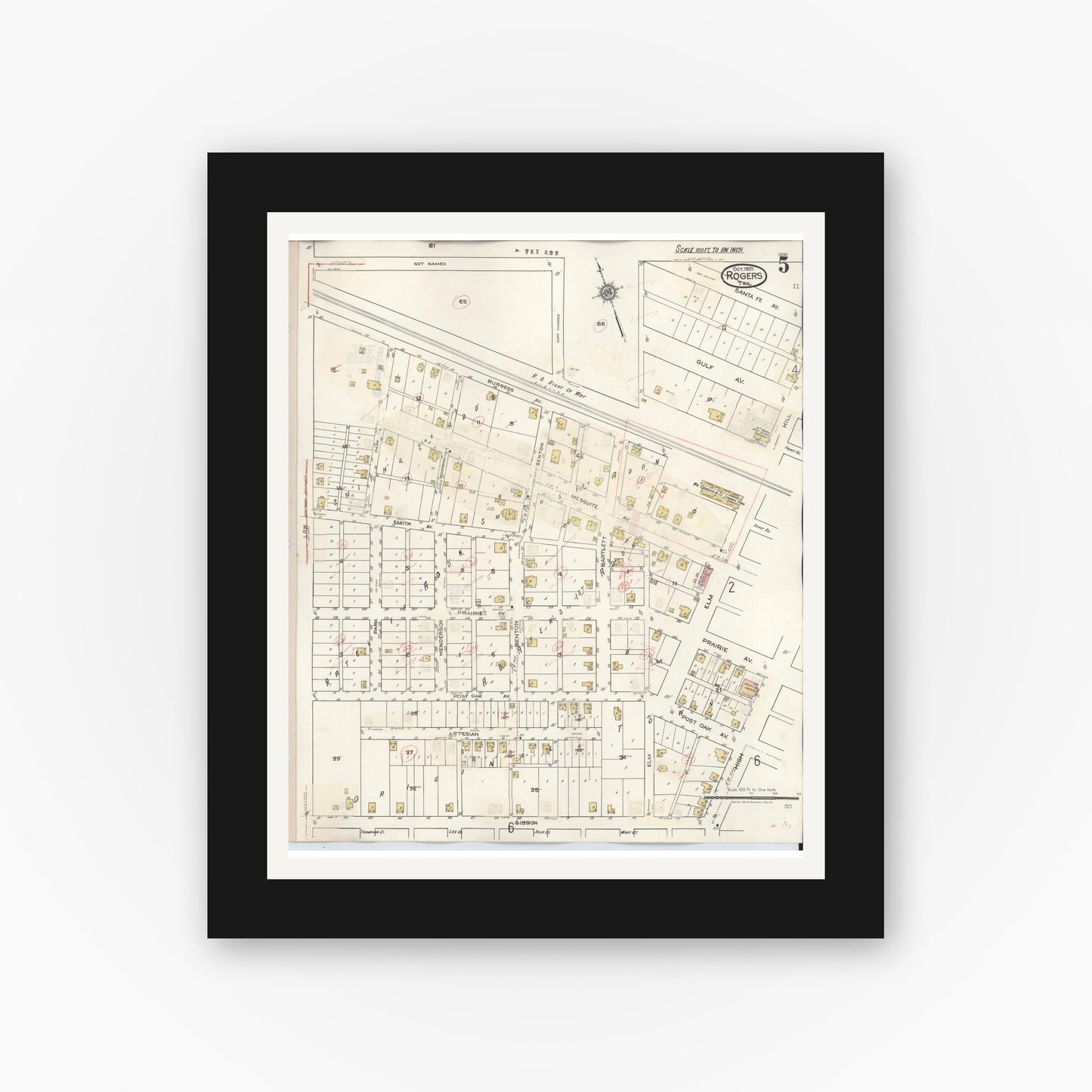 Old map wall art mockup — black gallery frame with white mat — Sanborn Fire Insurance Map from Rogers, Bell County, Texas (1944), Sheet #0005