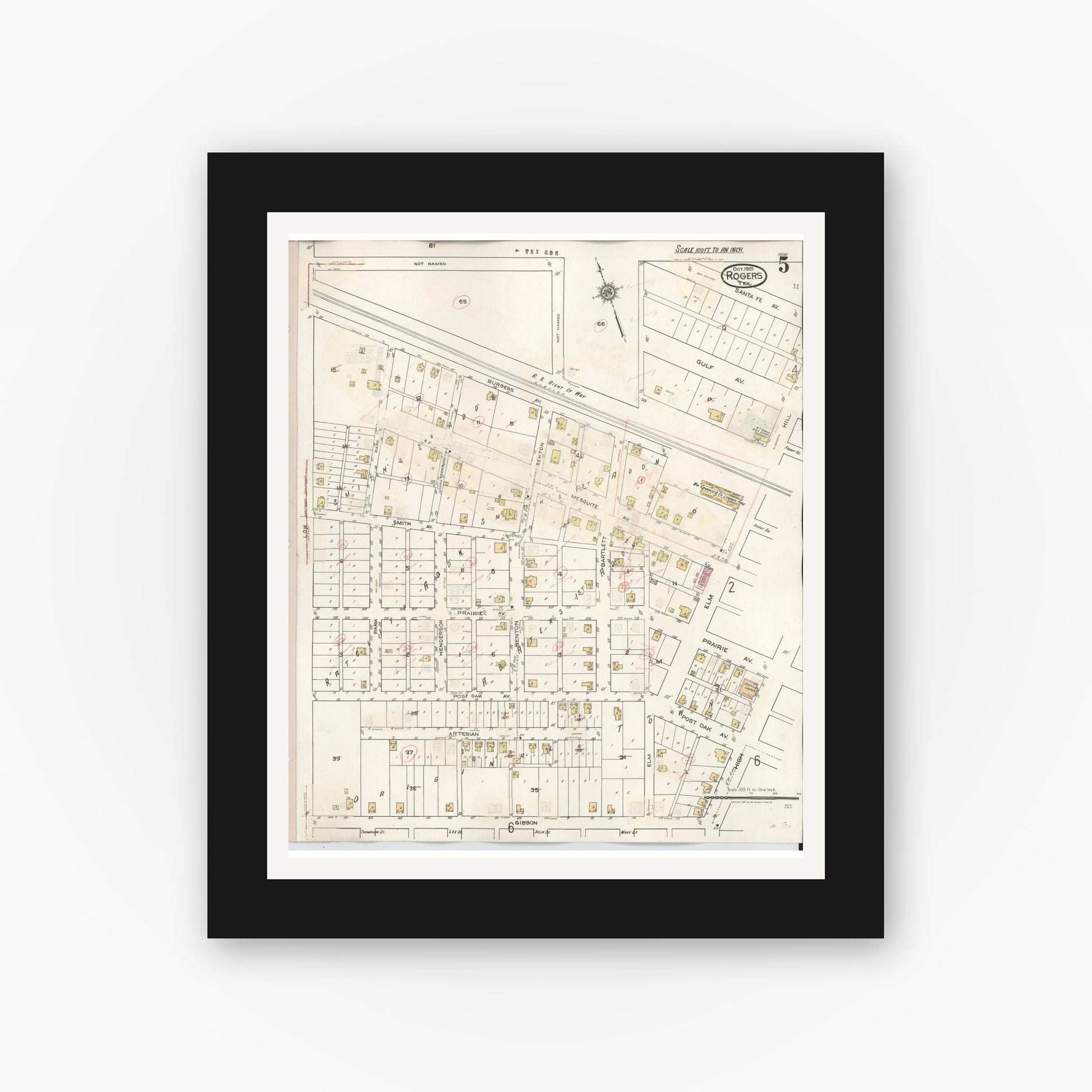 Old map wall art mockup — black gallery frame with white mat — Sanborn Fire Insurance Map from Rogers, Bell County, Texas (1944), Sheet #0005
