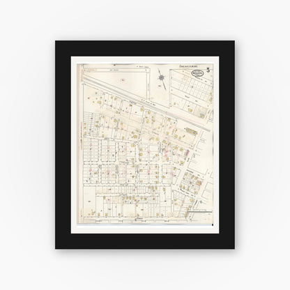 Old map wall art mockup — black gallery frame with white mat — Sanborn Fire Insurance Map from Rogers, Bell County, Texas (1944), Sheet #0005