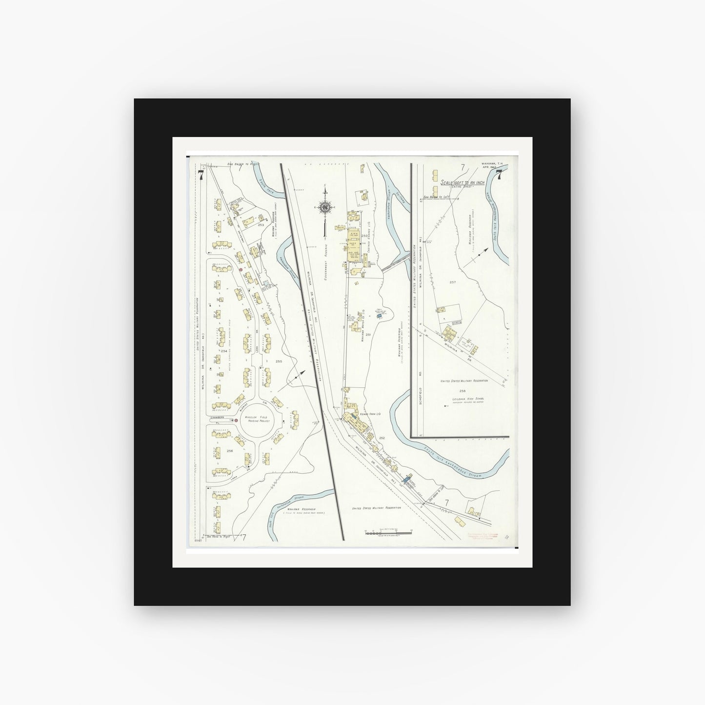 Old map wall art mockup — black gallery frame with white mat — Sanborn Fire Insurance Map from Wahiawa, Honolulu County, Hawaii (1942), Sheet #0007