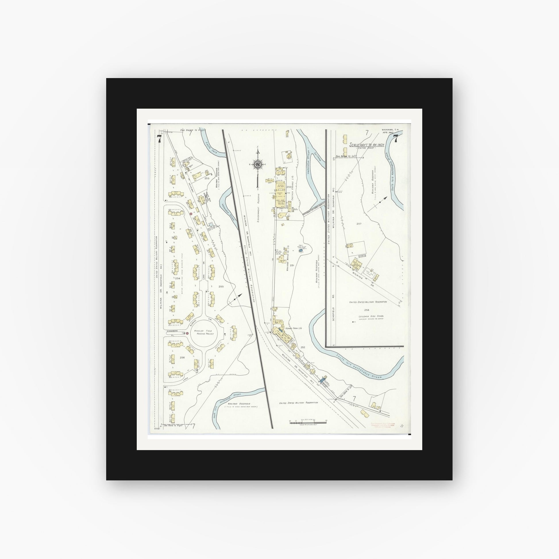 Old map wall art mockup — black gallery frame with white mat — Sanborn Fire Insurance Map from Wahiawa, Honolulu County, Hawaii (1942), Sheet #0007
