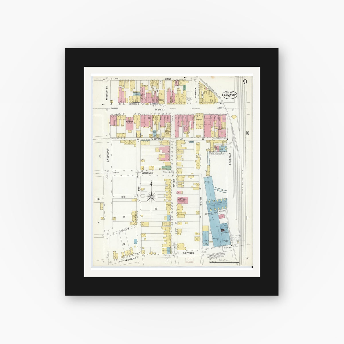 Old map wall art mockup — black gallery frame with white mat — Sanborn Fire Insurance Map from Tamaqua, Schuylkill County, Pennsylvania (1908), Sheet #0009