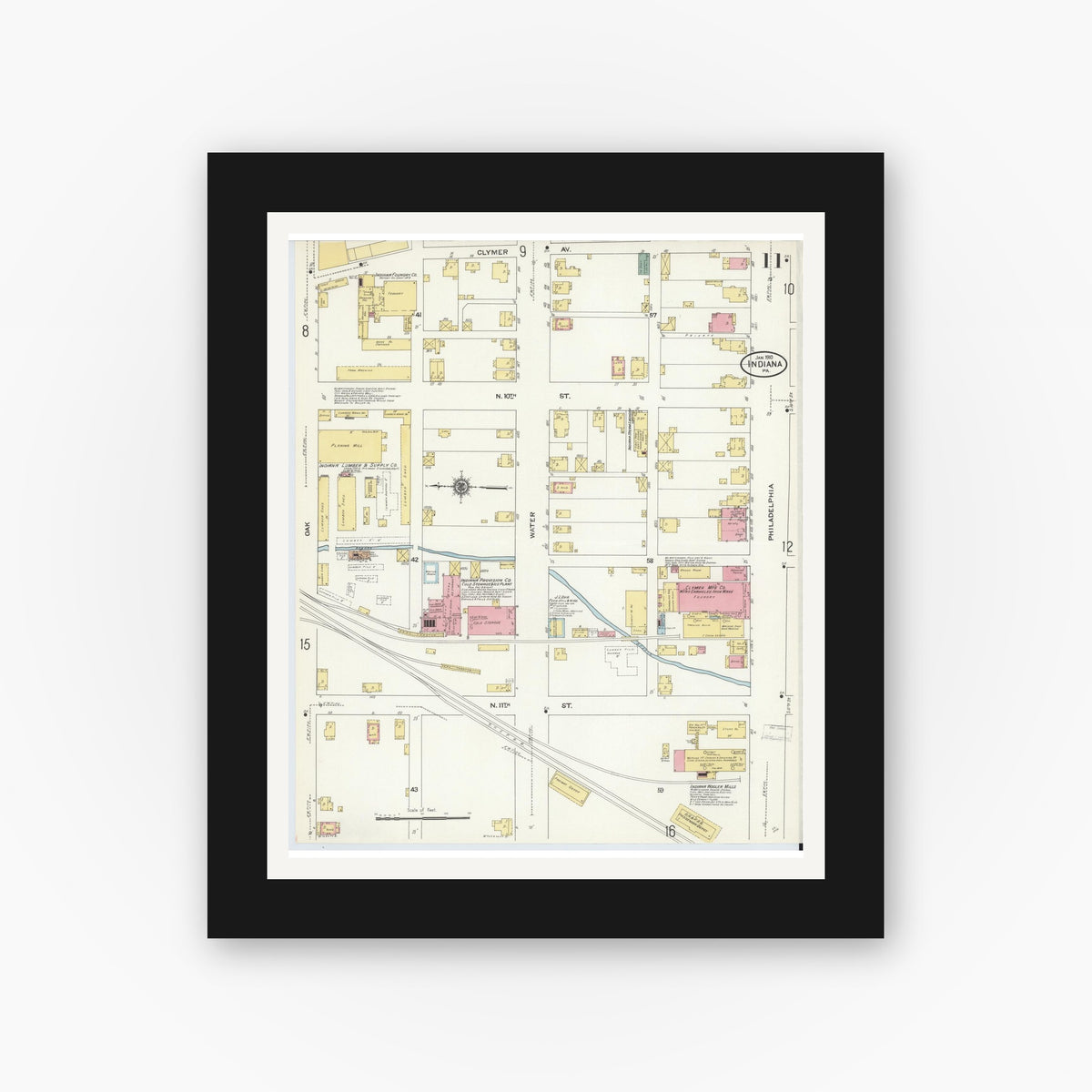 Old map wall art mockup — black gallery frame with white mat — Sanborn Fire Insurance Map from Indiana, Indiana County, Pennsylvania (1910), Sheet #0011