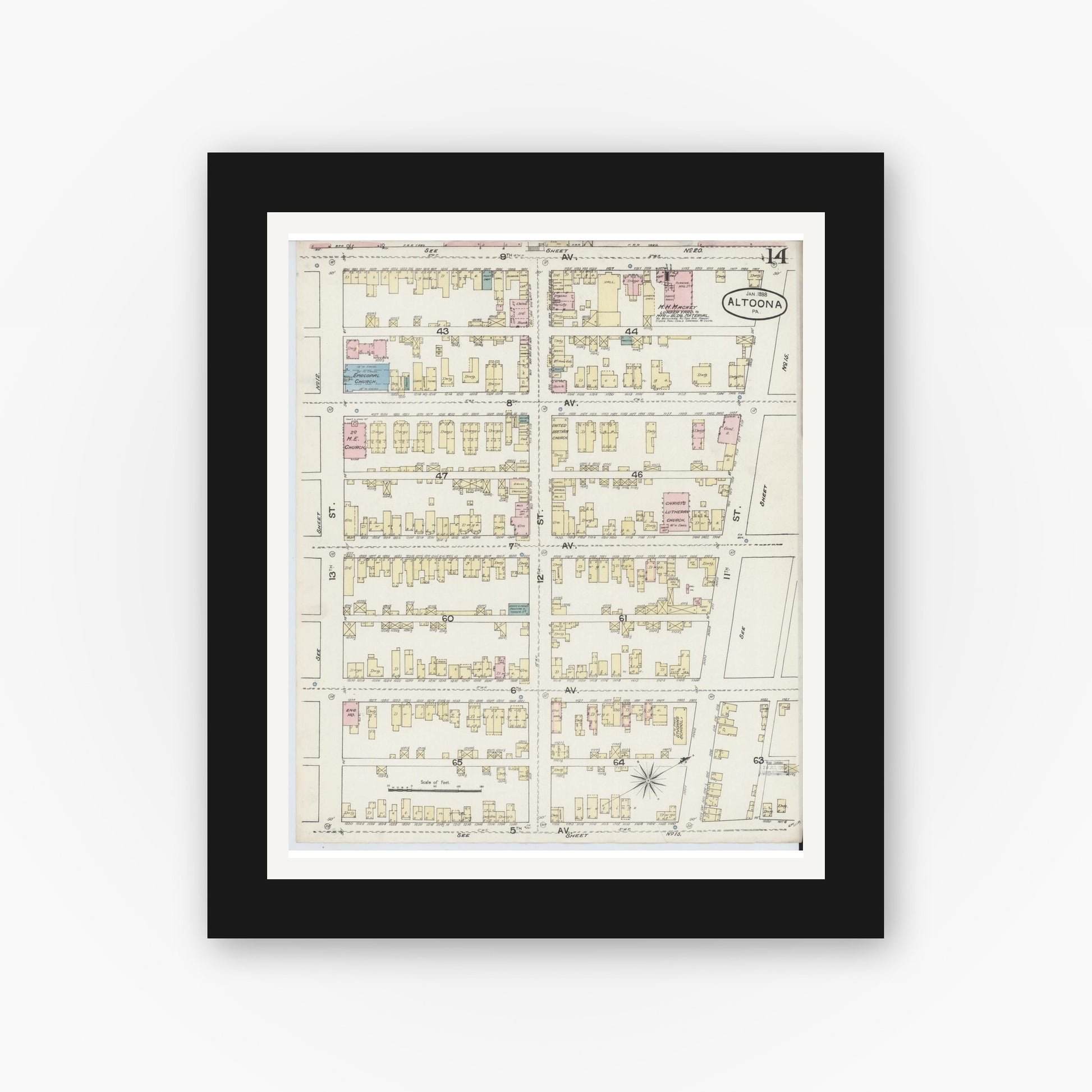 Old map wall art mockup — black gallery frame with white mat — Sanborn Fire Insurance Map from Altoona, Blair County, Pennsylvania (1888), Sheet #0014