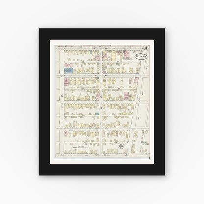 Old map wall art mockup — black gallery frame with white mat — Sanborn Fire Insurance Map from Altoona, Blair County, Pennsylvania (1888), Sheet #0014