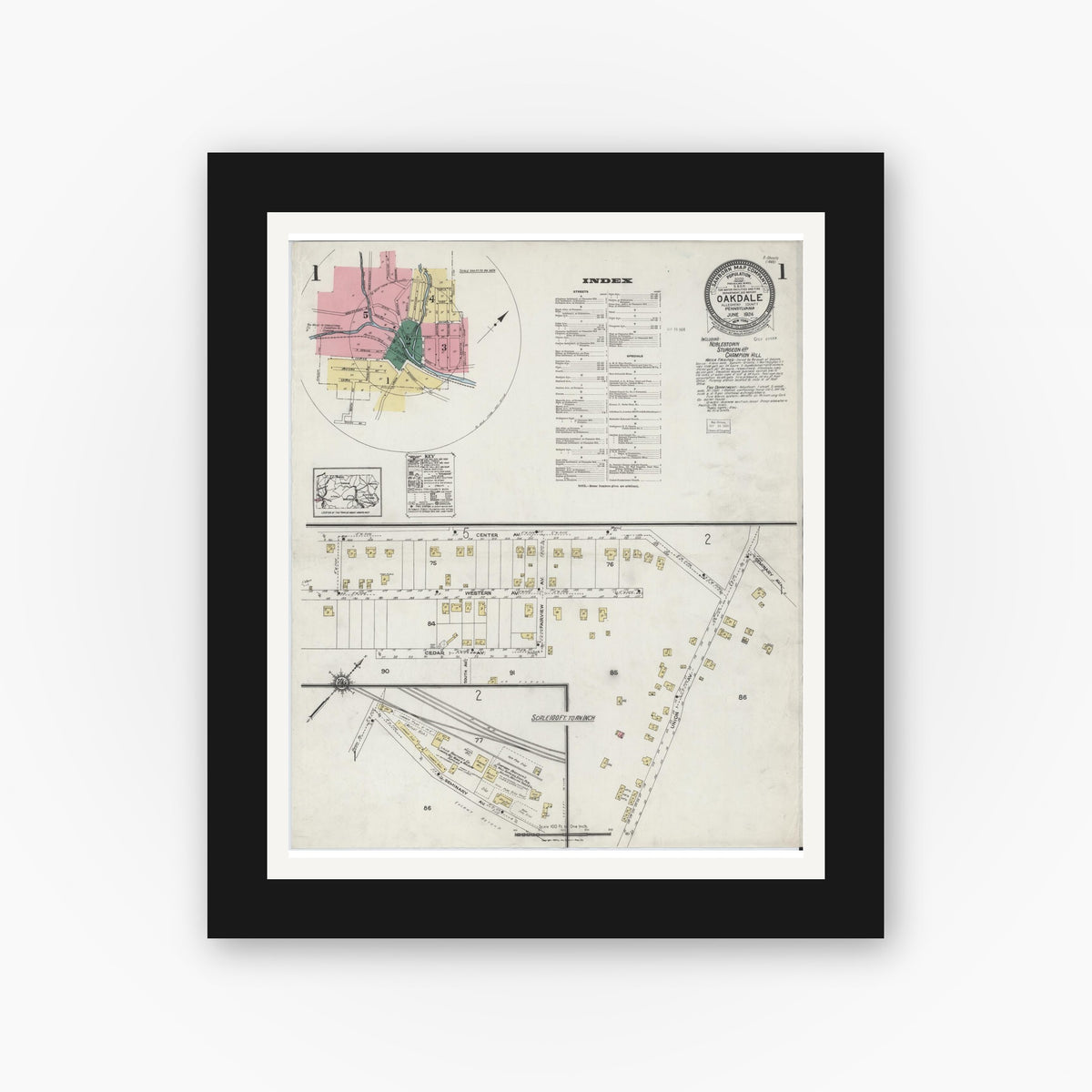 Old map wall art mockup — black gallery frame with white mat — Sanborn Fire Insurance Map from Oakdale, Allegheny County, Pennsylvania (1924) - Complete Map Set