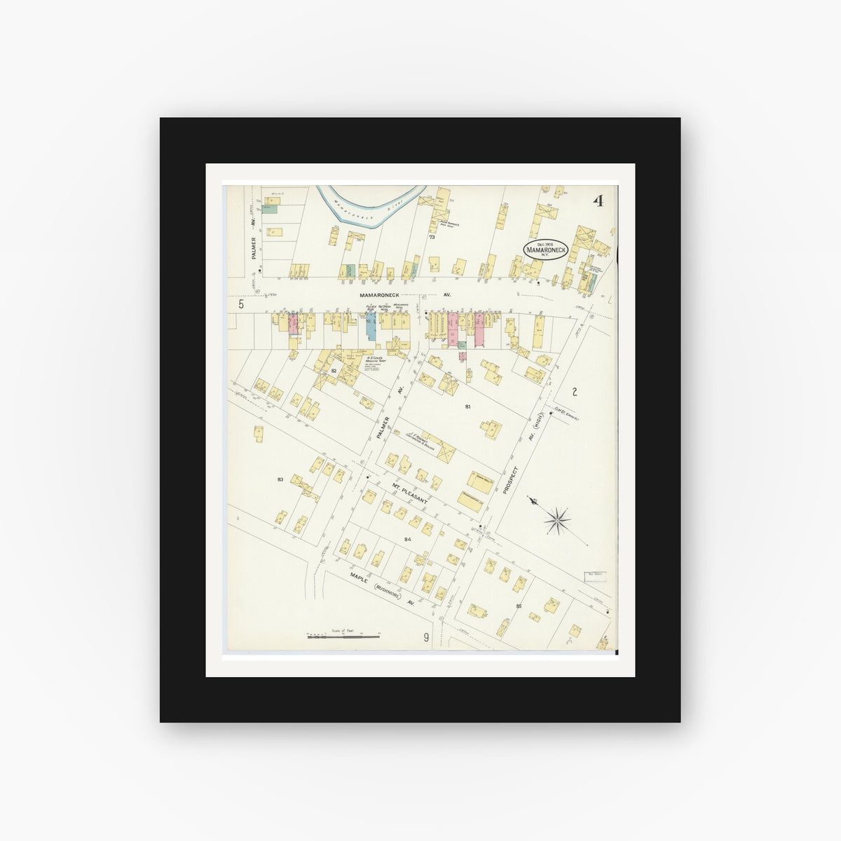 Old map wall art mockup — black gallery frame with white mat — Sanborn Fire Insurance Map from Mamaroneck, Westchester County, New York (1908), Sheet #0004