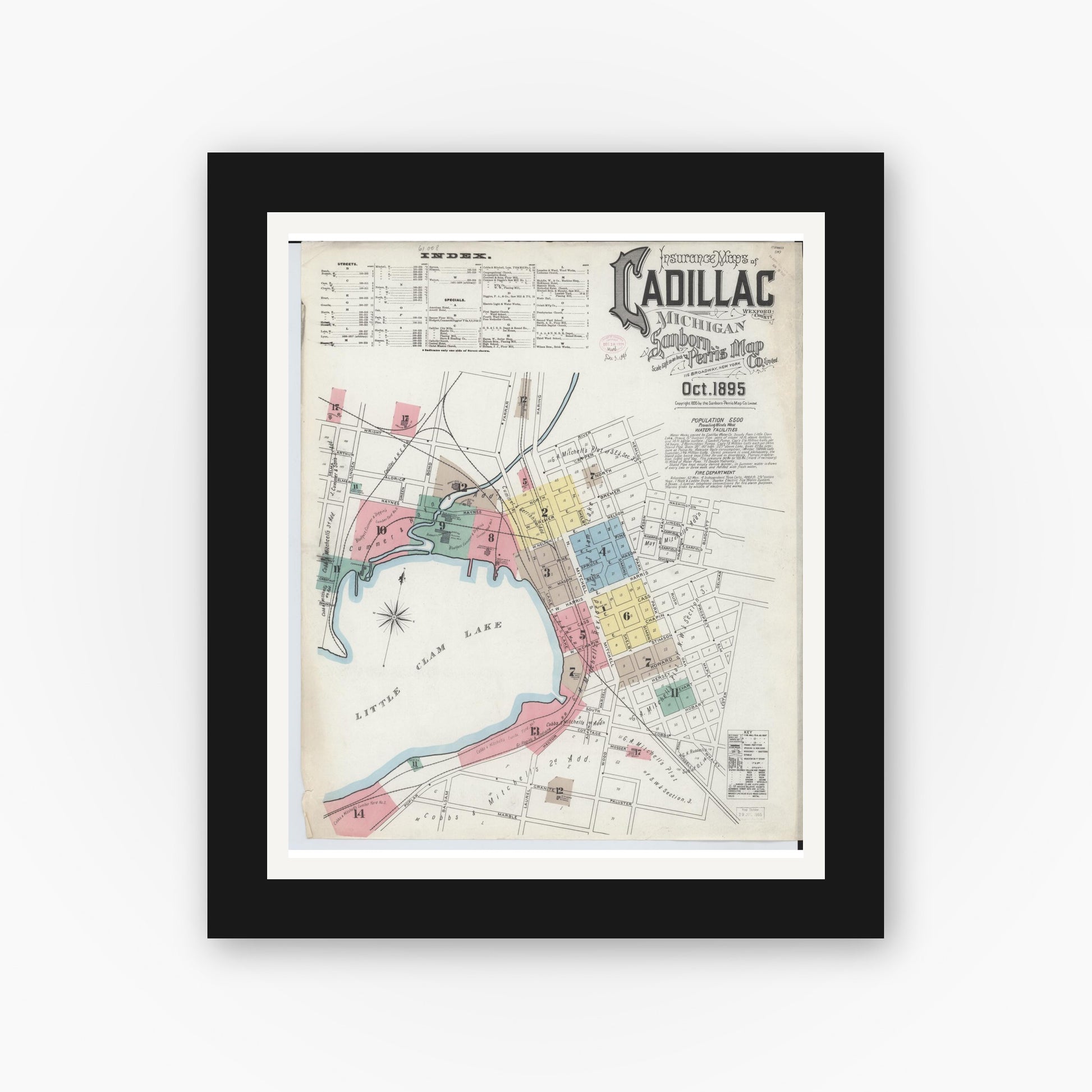 Old map wall art mockup — black gallery frame with white mat — Sanborn Fire Insurance Map from Cadillac, Wexford County, Michigan (1895) - Complete Map Set