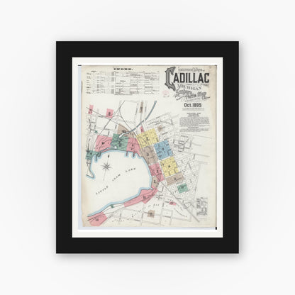 Old map wall art mockup — black gallery frame with white mat — Sanborn Fire Insurance Map from Cadillac, Wexford County, Michigan (1895) - Complete Map Set