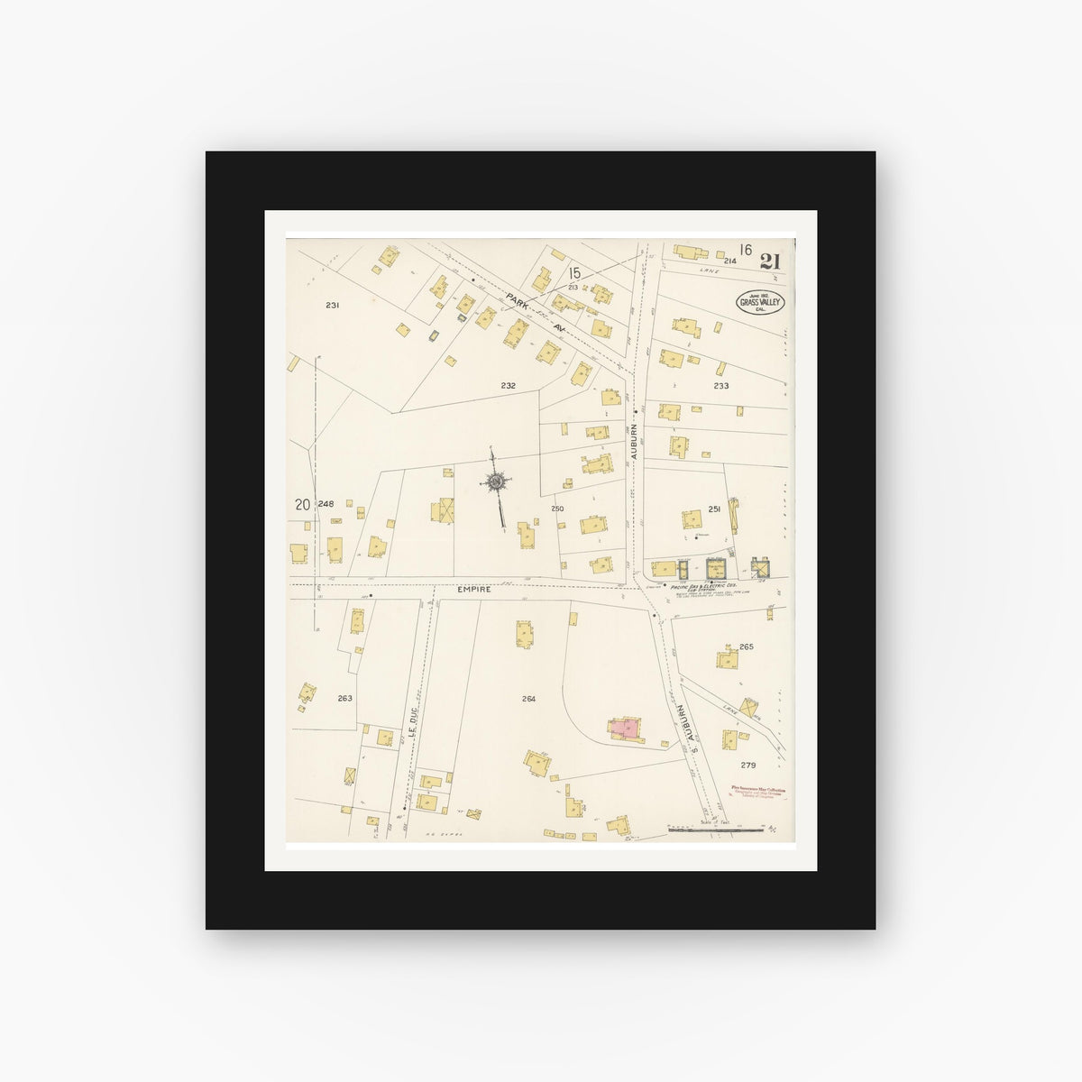 Old map wall art mockup — black gallery frame with white mat — Sanborn Fire Insurance Map from Grass Valley, Nevada County, California (1912), Sheet #0021