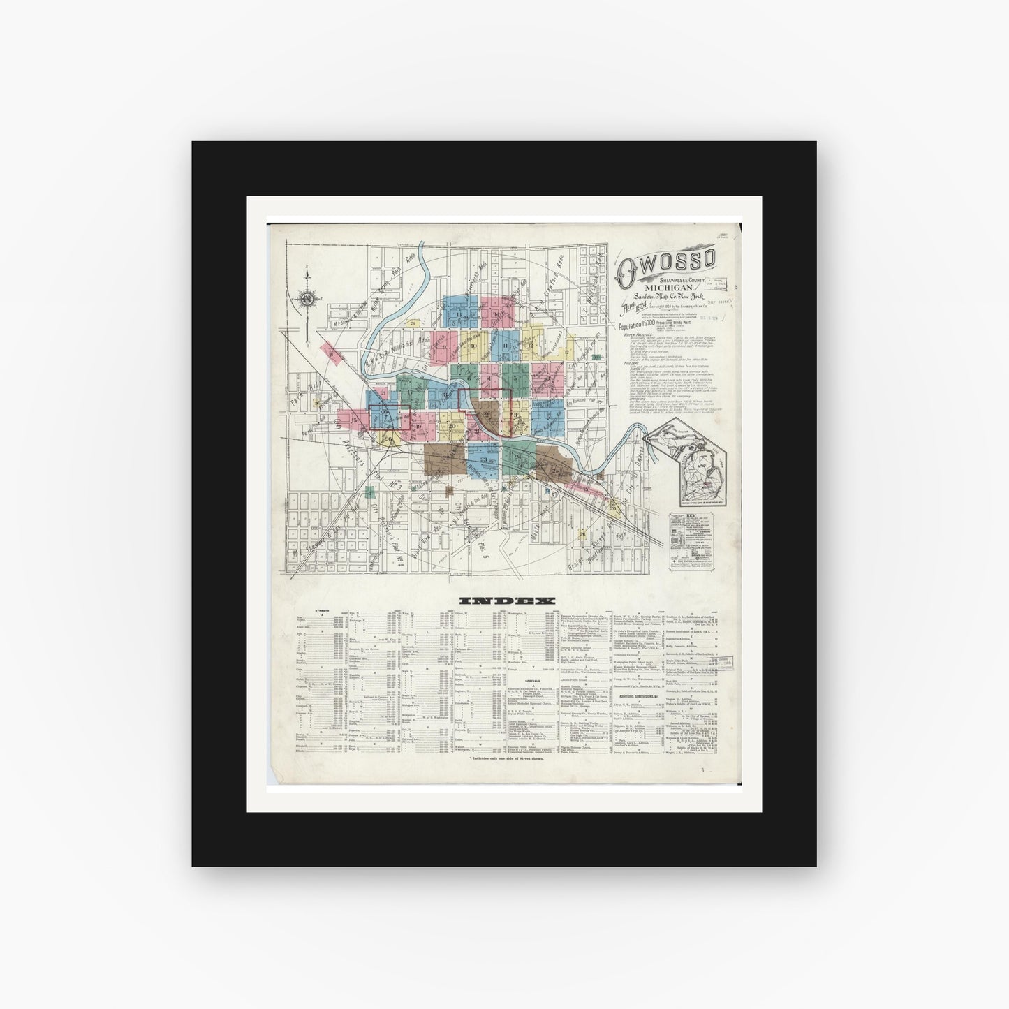 Old map wall art mockup — black gallery frame with white mat — Sanborn Fire Insurance Map from Owosso, Shiawassee County, Michigan (1924) - Complete Map Set